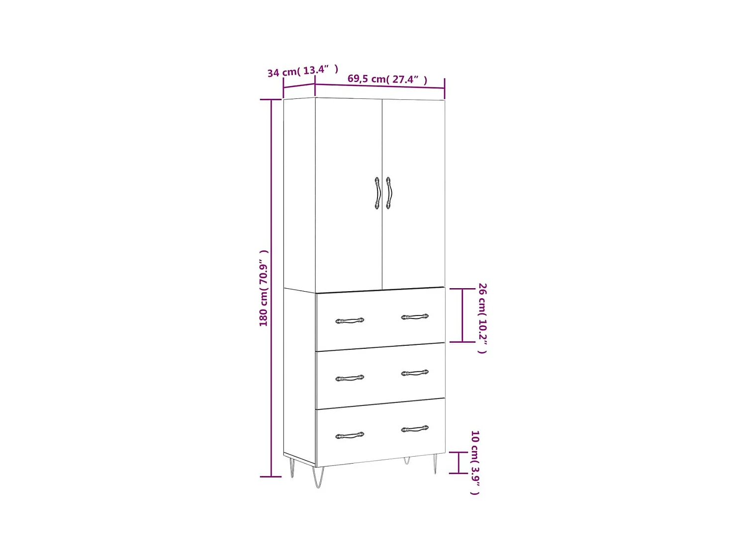 Hoge kast 69,5x34x180 cm bewerkt hout betongrijs