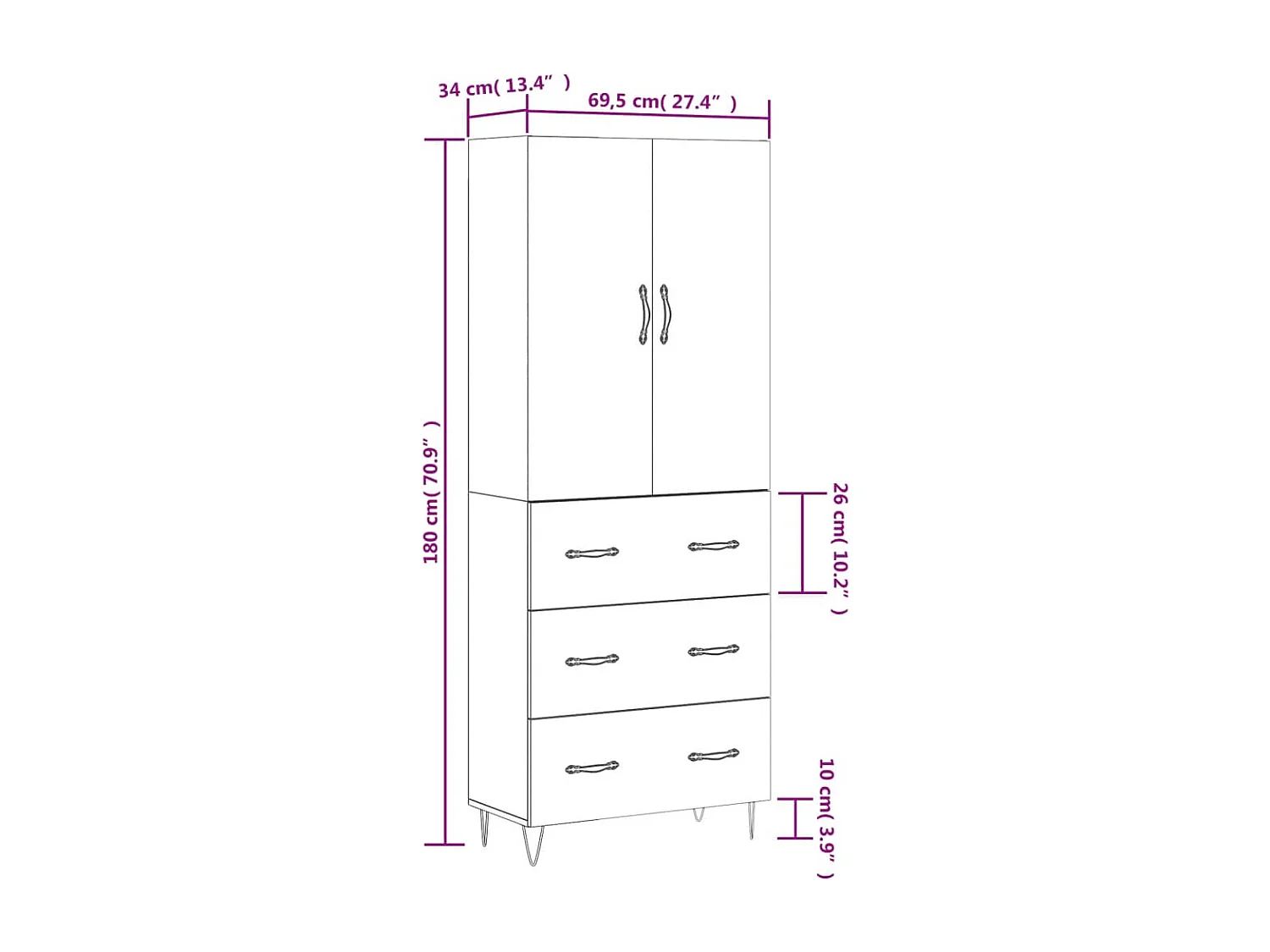 Buffet haut Gris béton 69,5x34x180 cm Bois d'ingénierie