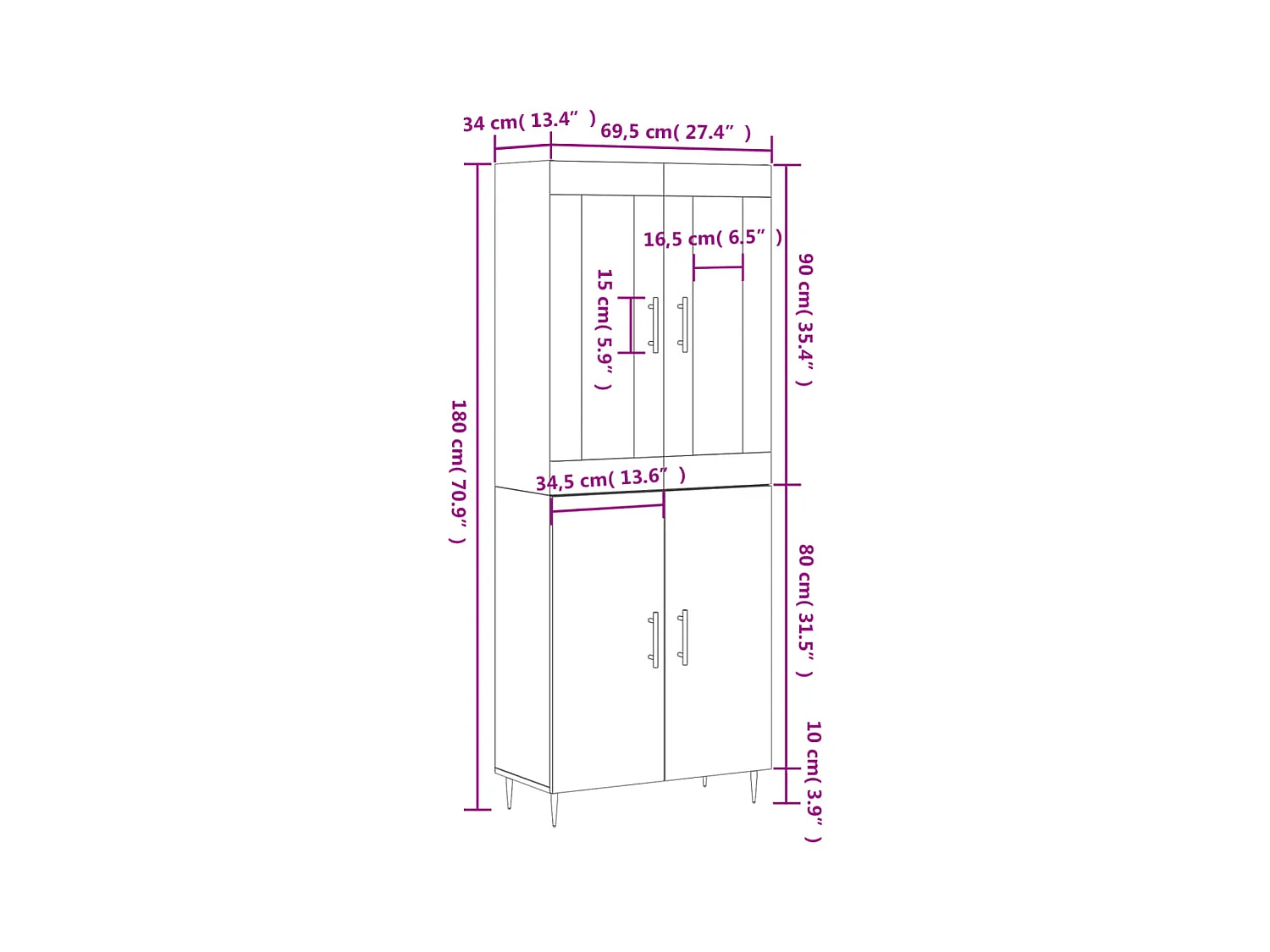 Hoge kast 69,5x34x180 cm bewerkt hout grijs sonoma eikenkleurig