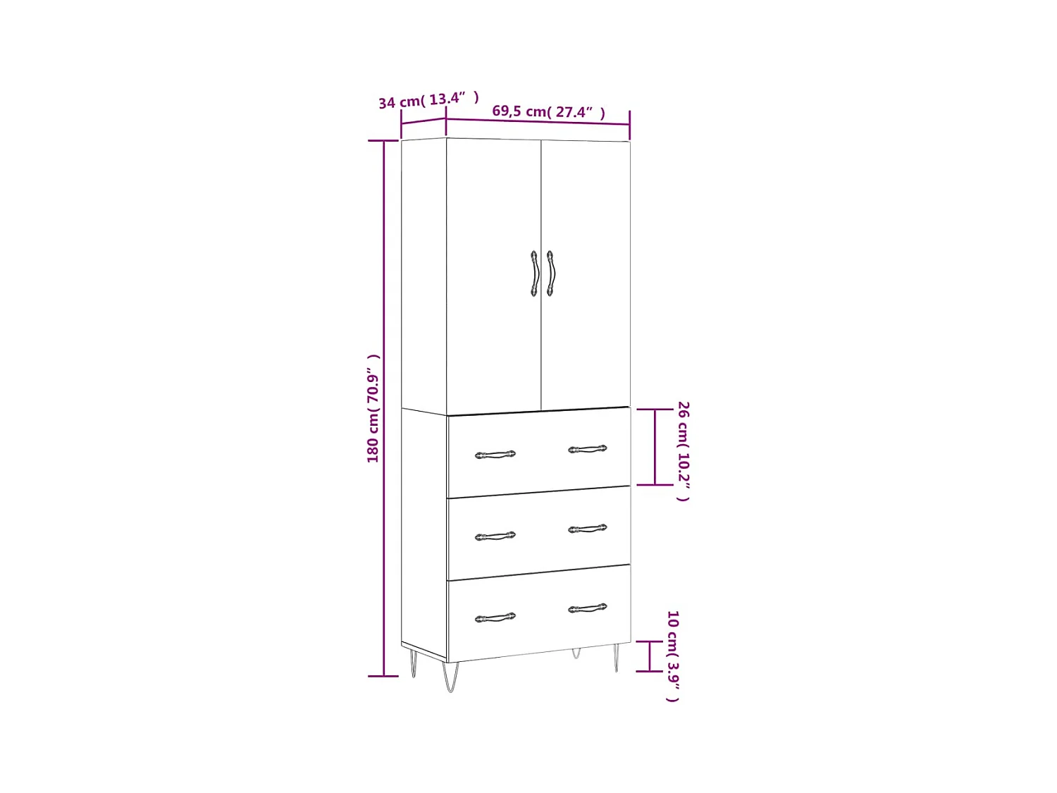 Highboard Weiß 69,5x34x180 cm Holzwerkstoff