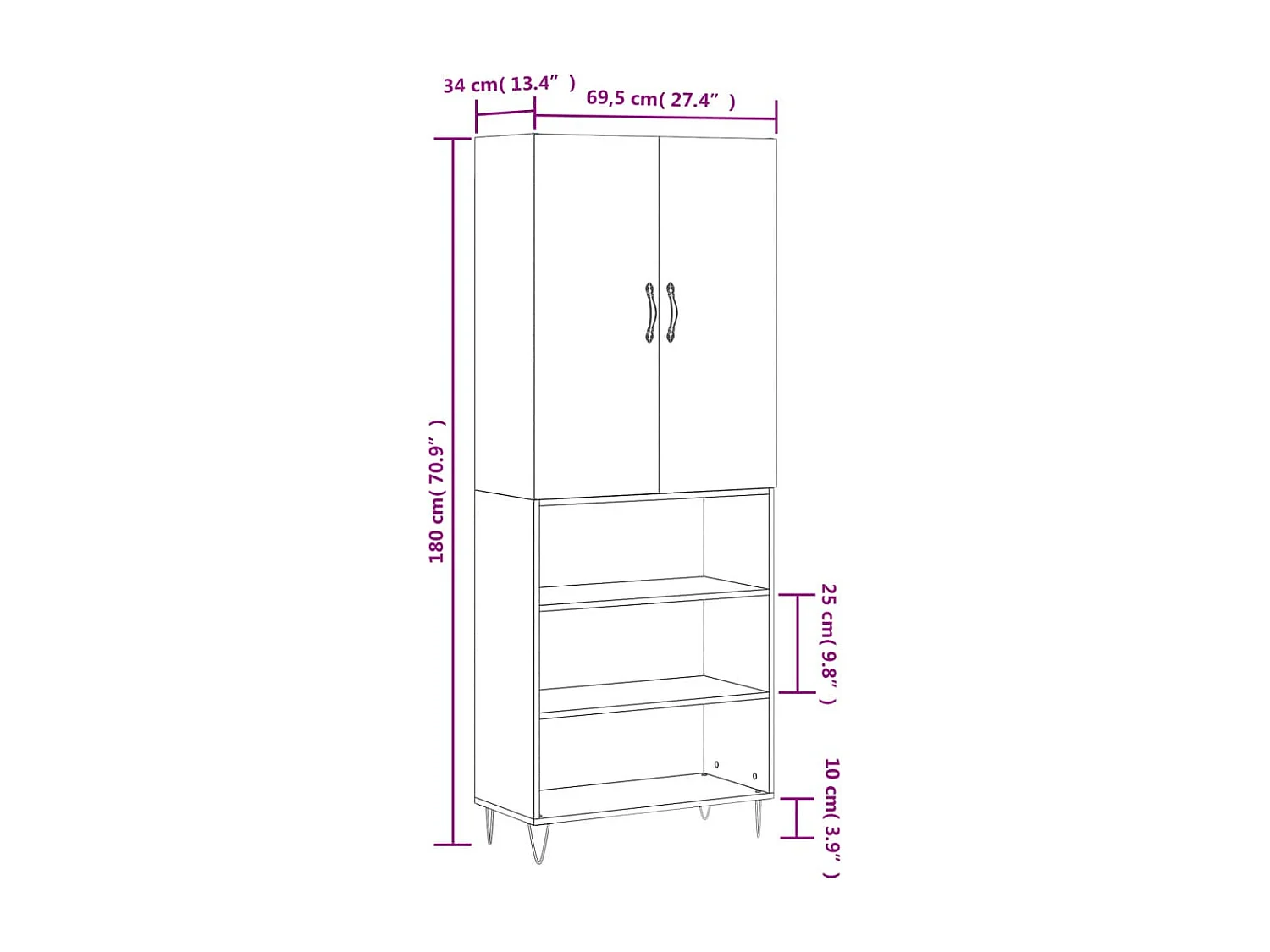 Buffet haut Gris béton 69,5x34x180 cm Bois d'ingénierie