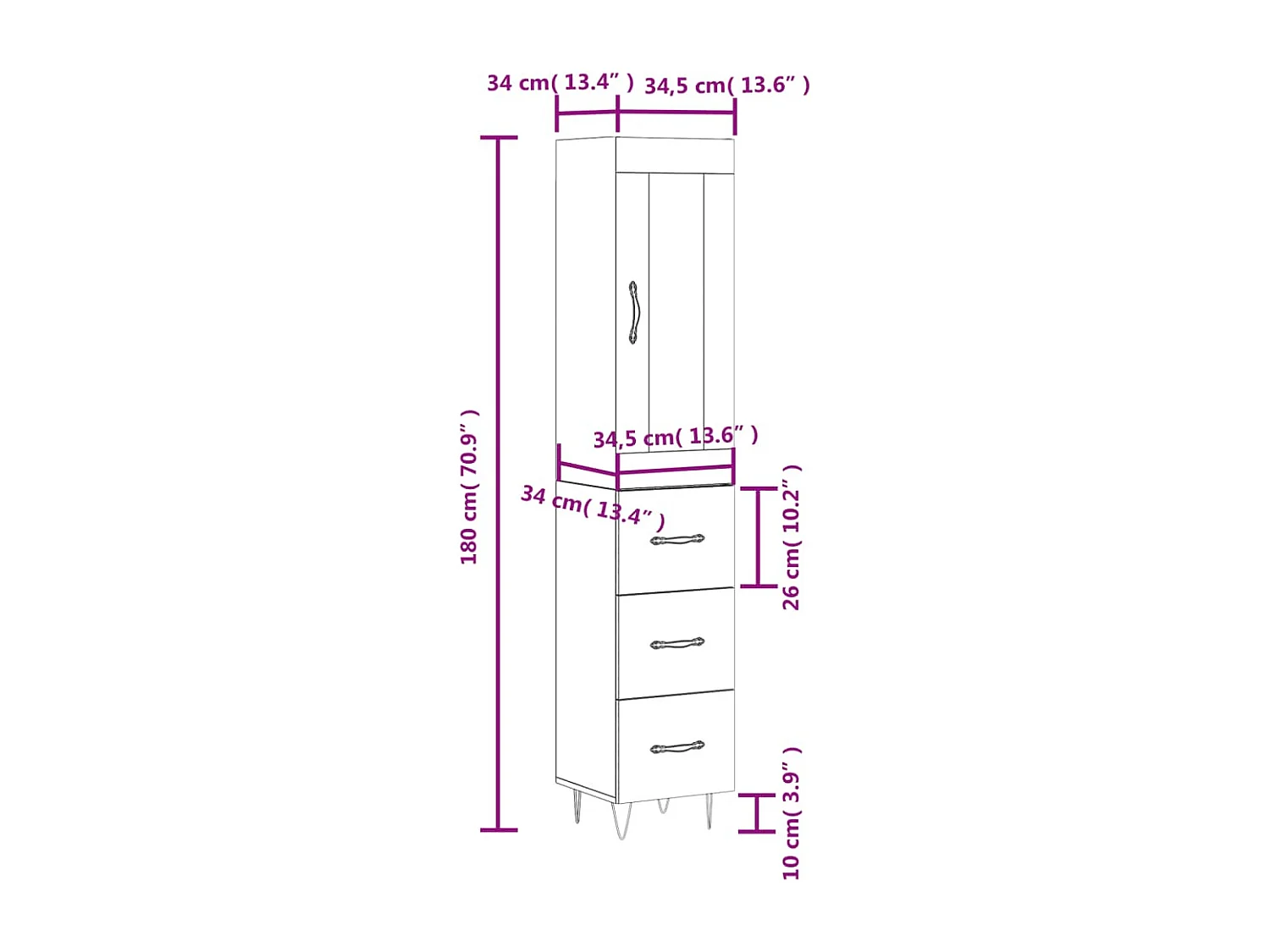 Credenza 34,5x34x180 cm in Legno Multistrato Bianco Lucido