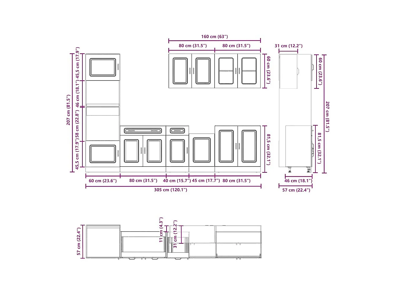 7-delige Keukenkastenset Kalmar bewerkt hout bruin eikenkleur