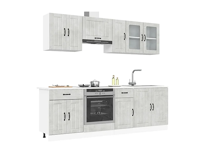 Ensemble de 8 meubles de cuisine "Lucca" en bois d'ingénierie gris béton