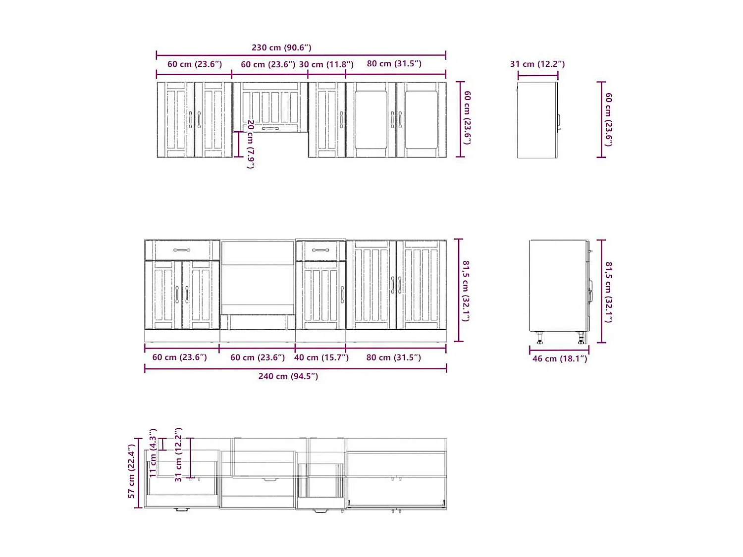 Ensemble de 8 meubles de cuisine "Lucca" en bois d'ingénierie gris béton