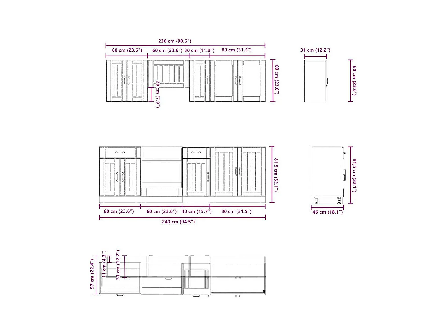 Ensemble de 8 meubles de cuisine "Lucca" en bois d'ingénierie gris béton
