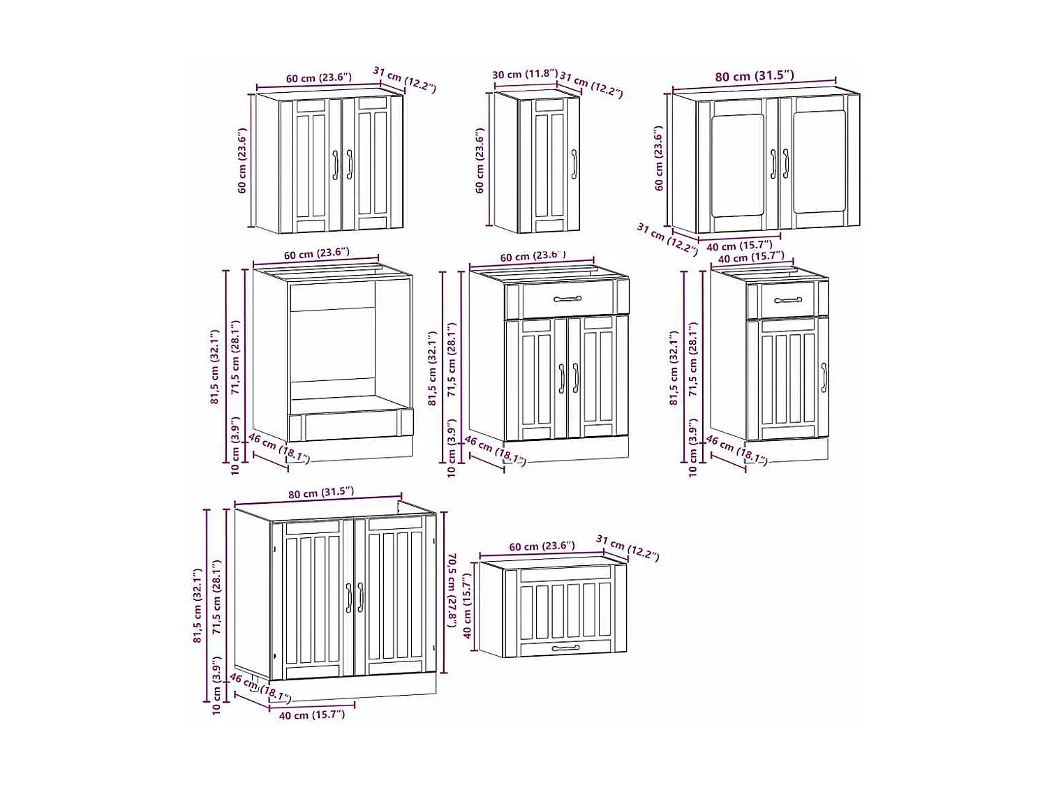 Ensemble de 8 meubles de cuisine "Lucca" en bois d'ingénierie gris béton