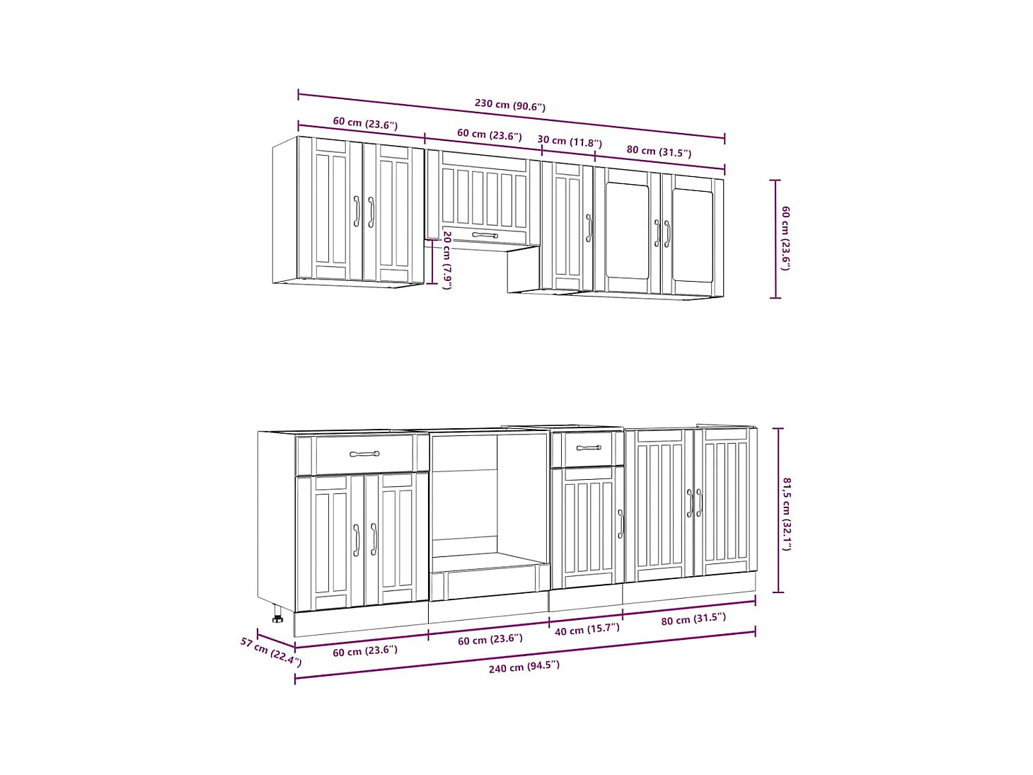 Ensemble de 8 meubles de cuisine "Lucca" en bois d'ingénierie gris béton