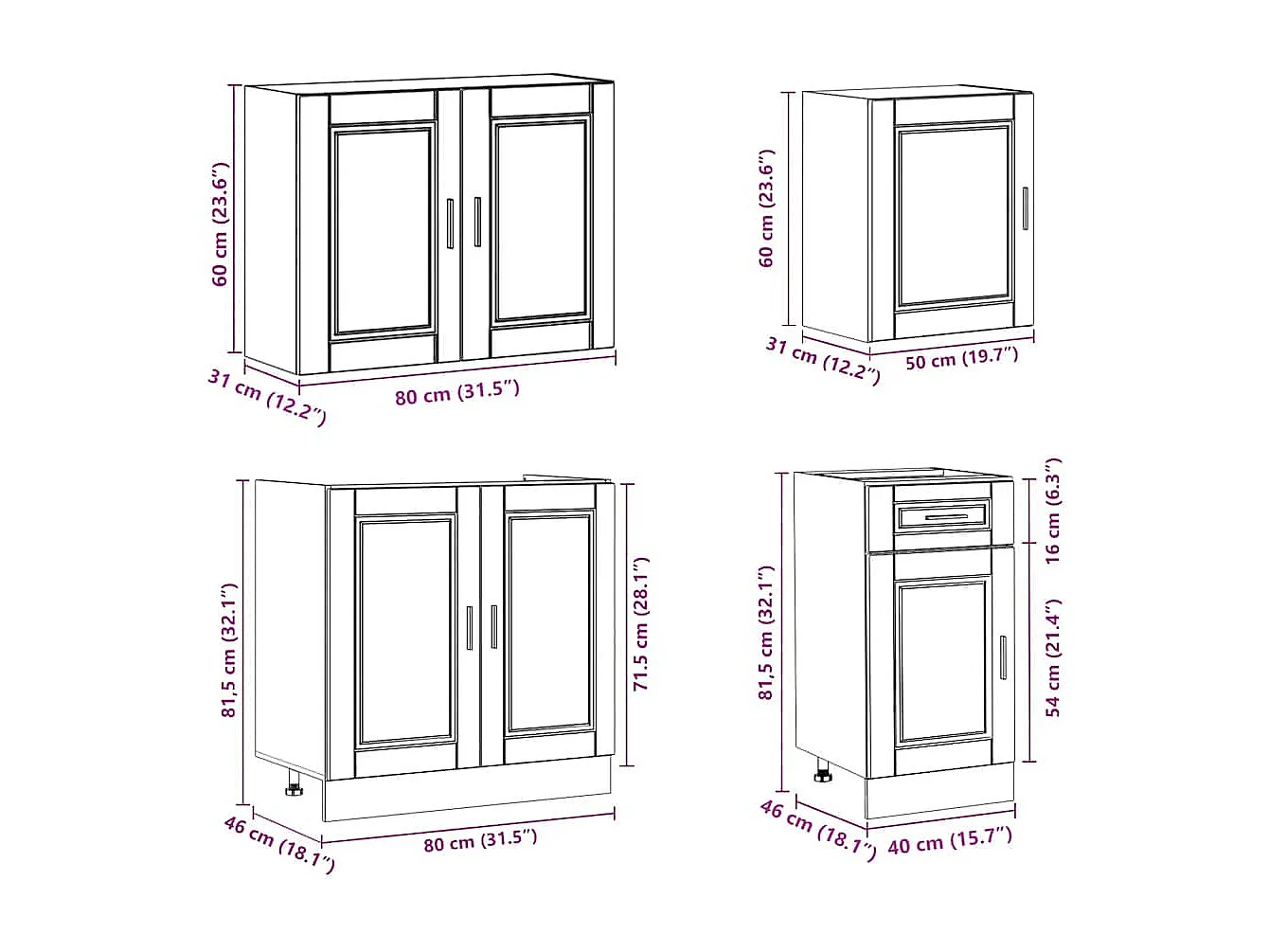 Ensemble de 7 meubles de cuisine "Porto" en bois d'ingénierie blanc brillant
