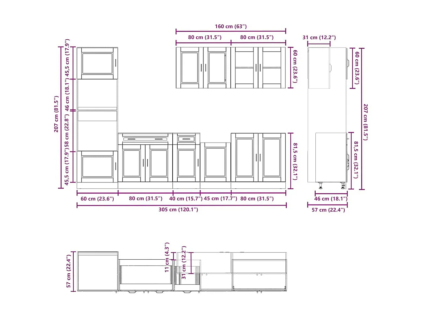 Ensemble de 7 meubles de cuisine "Porto" en bois d'ingénierie blanc