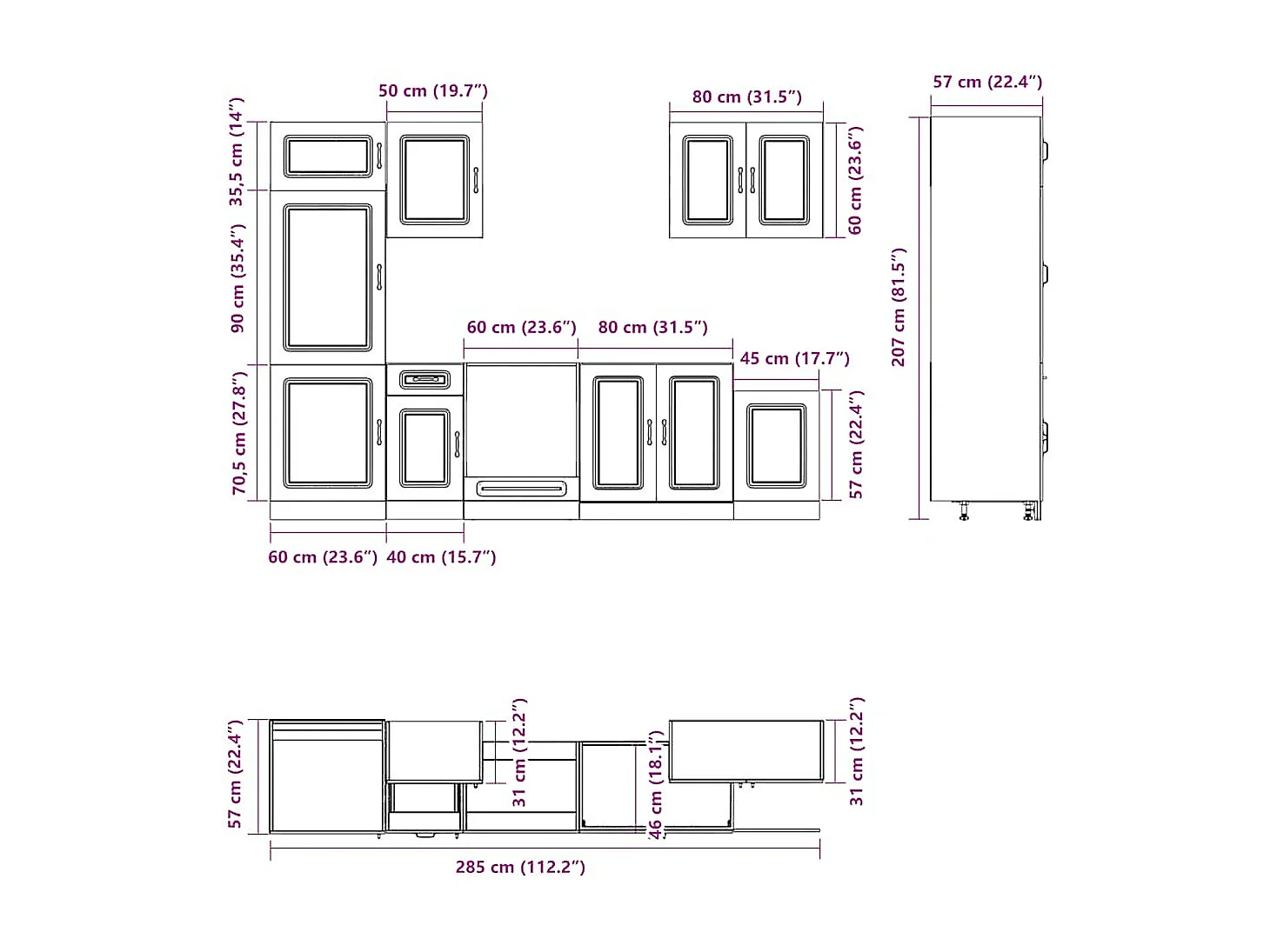 7-delige Keukenkastenset Kalmar bewerkt hout gerookt eiken