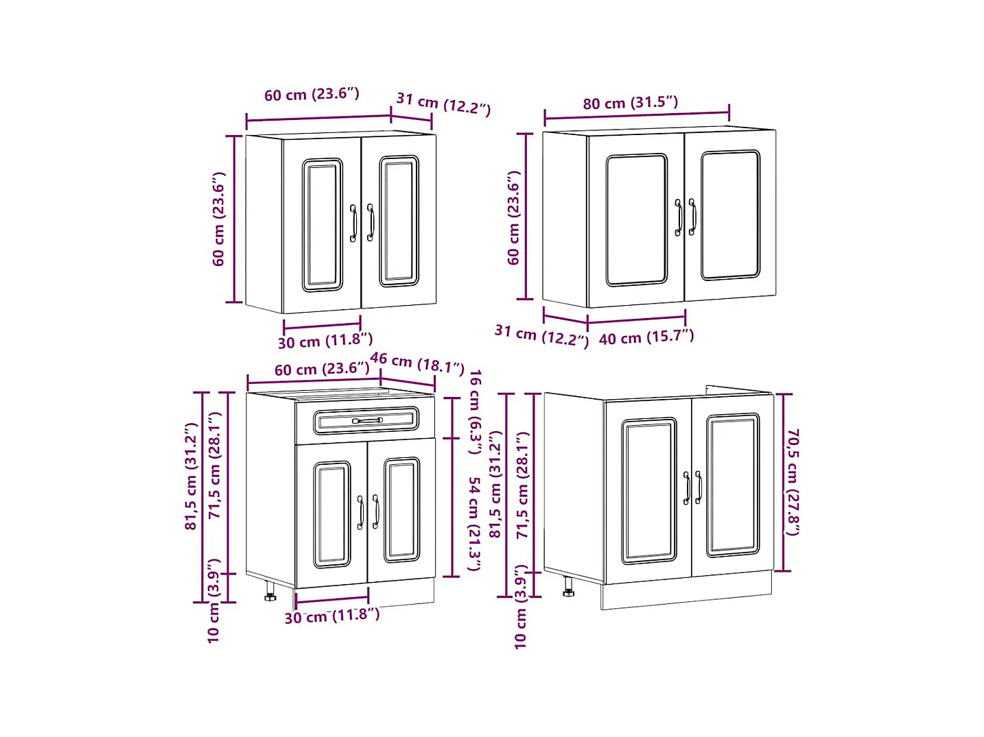 4-delige Keukenkastenset Kalmar bewerkt hout gerookt eiken