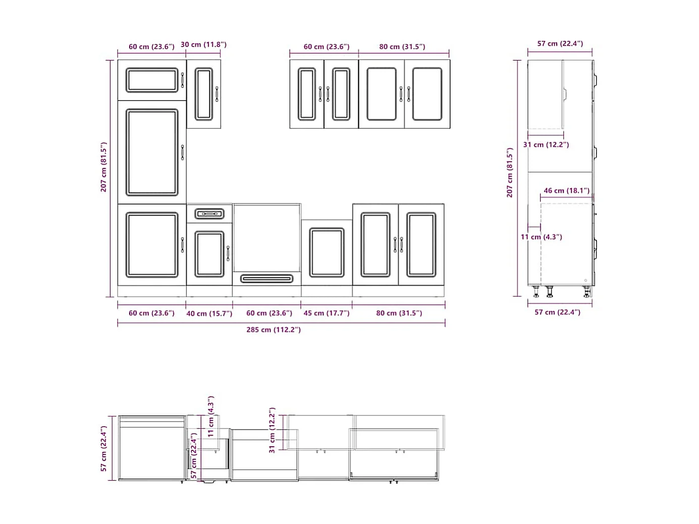 Ensemble de 8 meubles de cuisine en bois d'ingénierie "Kalmar" en chêne brun