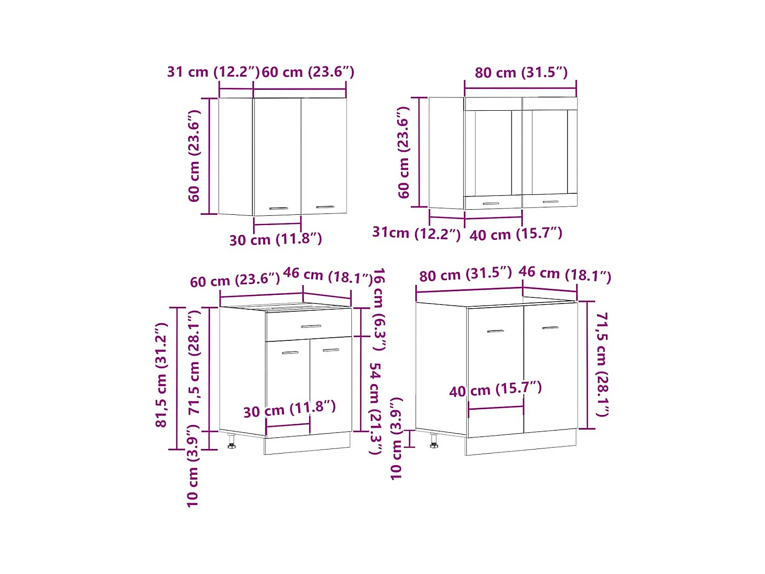 4-delige Keukenkastenset Lyon bewerkt hout oud houtkleurig