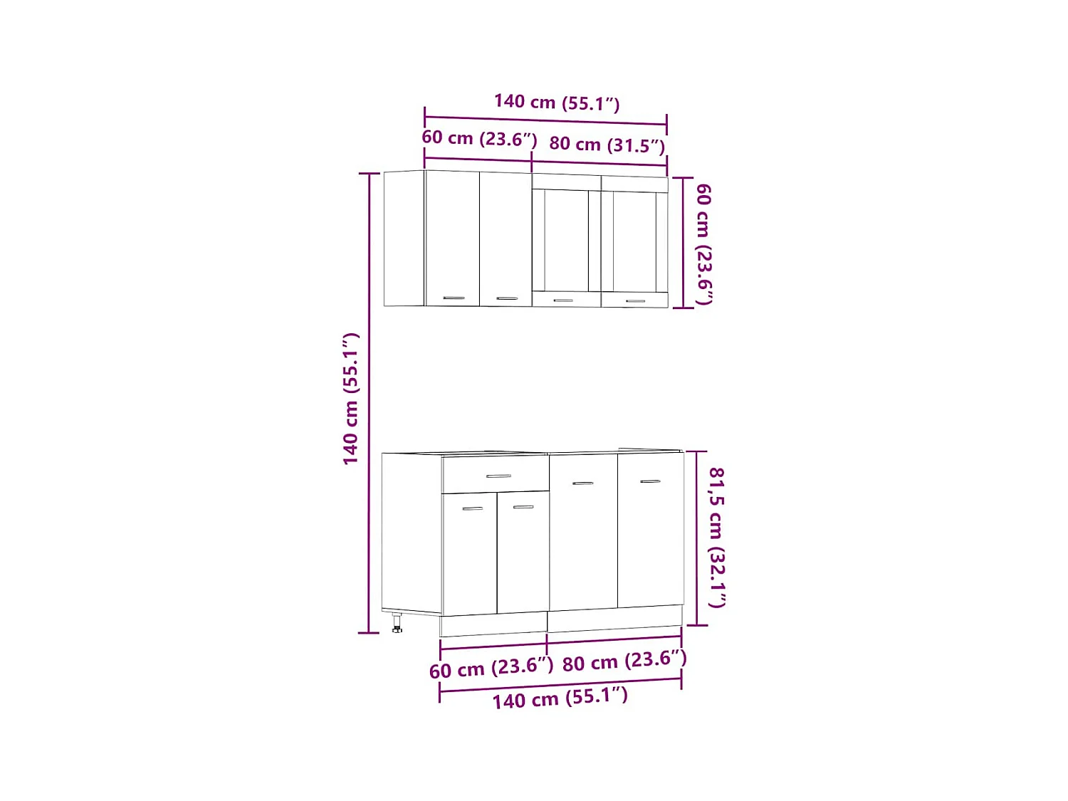 4-delige Keukenkastenset Lyon bewerkt hout oud houtkleurig