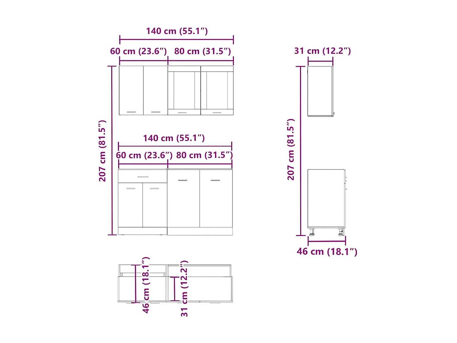 Ensemble de 4 meubles de cuisine "Lyon" en bois d'ingénierie vieilli