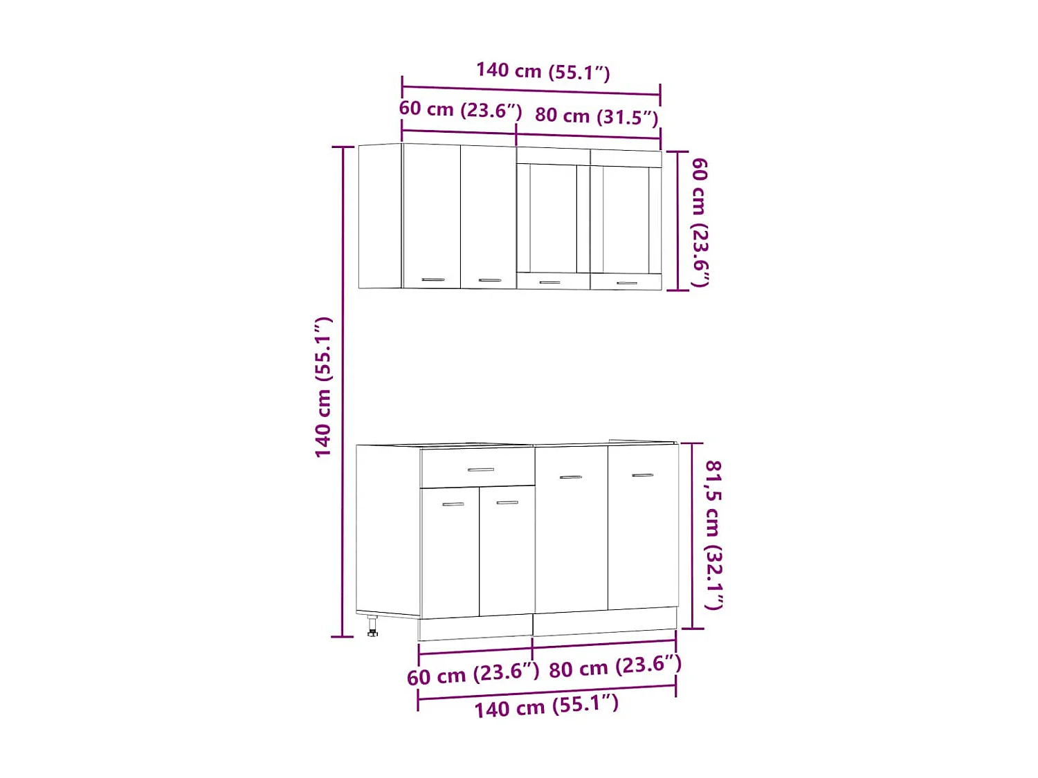 Ensemble de 4 meubles de cuisine "Lyon" en bois d'ingénierie vieilli