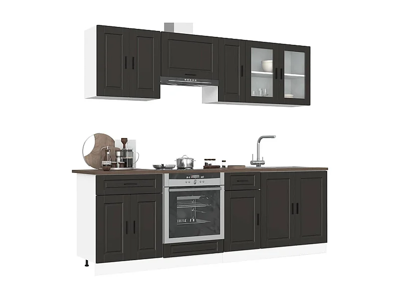 Ensemble de 8 meubles de cuisine "Porto" en bois d'ingénierie noir