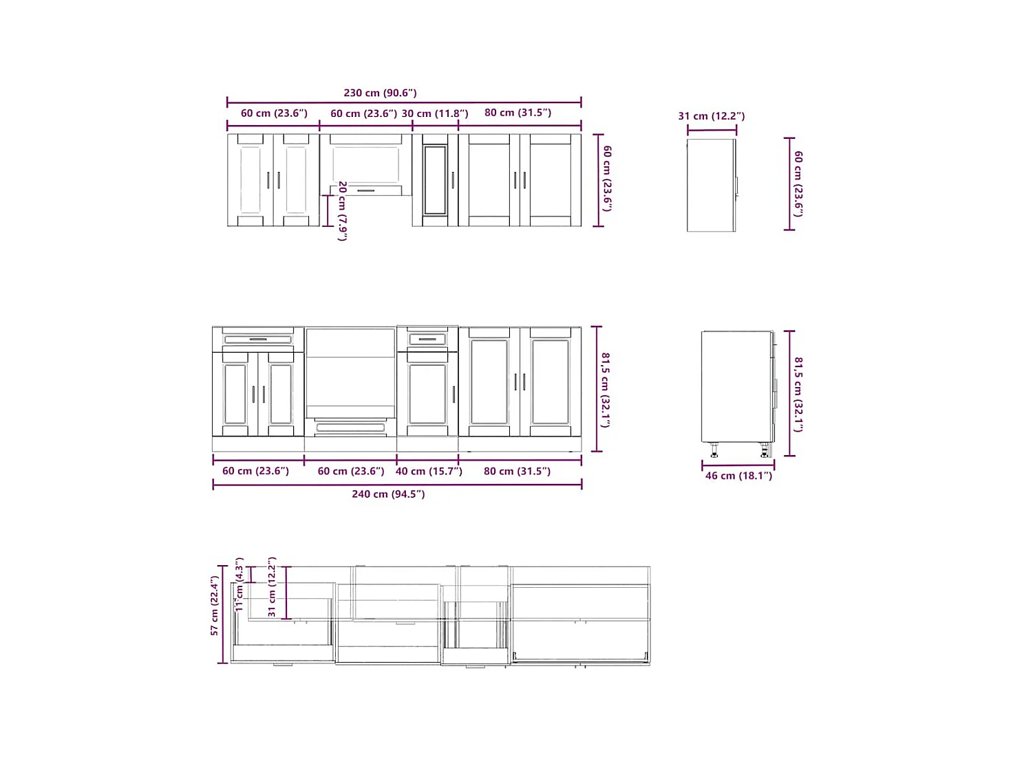 Conjunto de armarios de cocina "Porto" de 8 piezas de madera de ingeniería negra