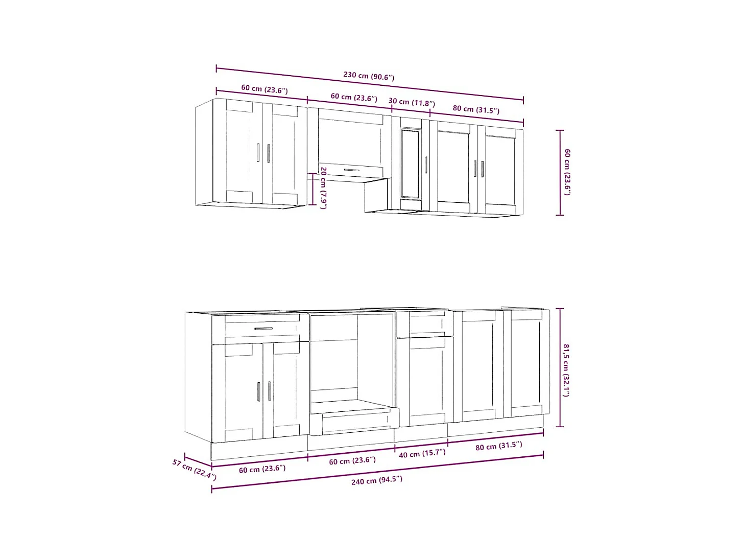 Conjunto de armarios de cocina "Porto" de 8 piezas de madera de ingeniería negra
