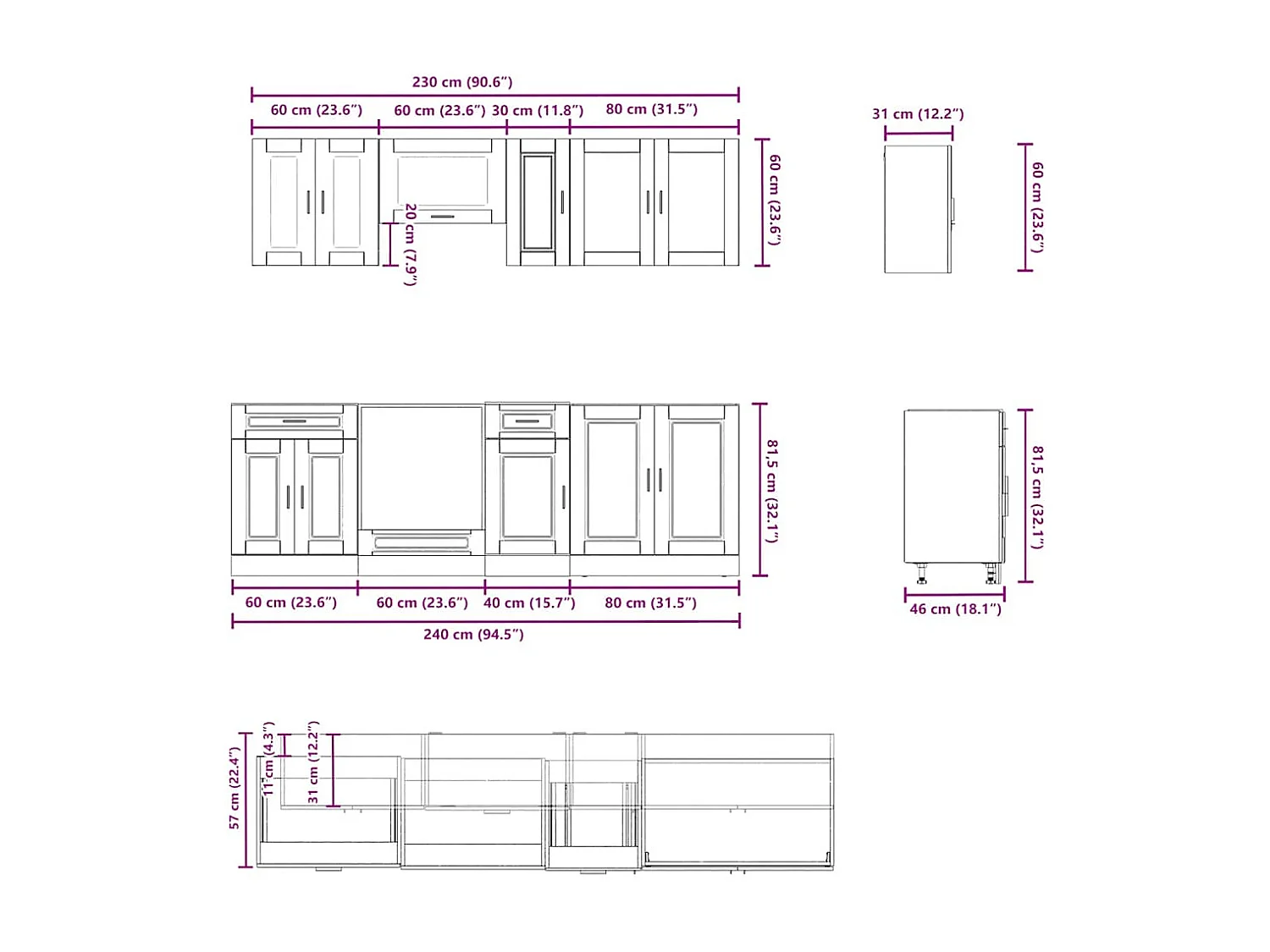 8-delige Keukenkastenset Porto bewerkt hout zwart