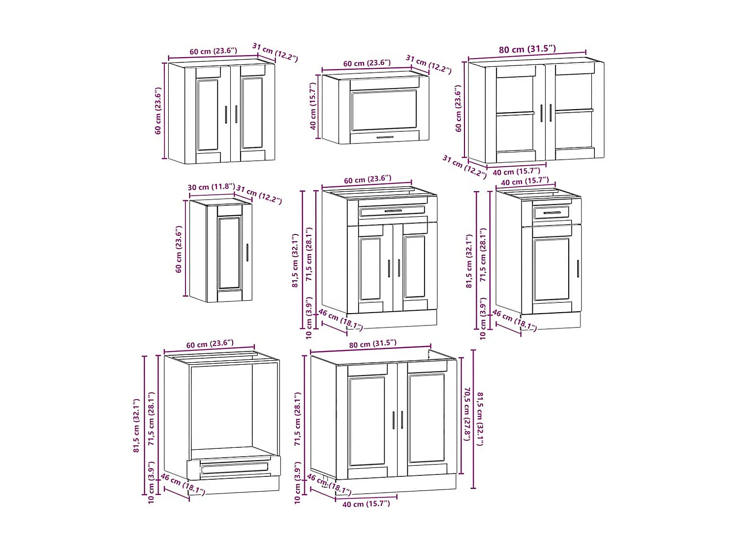 8-delige Keukenkastenset Porto bewerkt hout zwart
