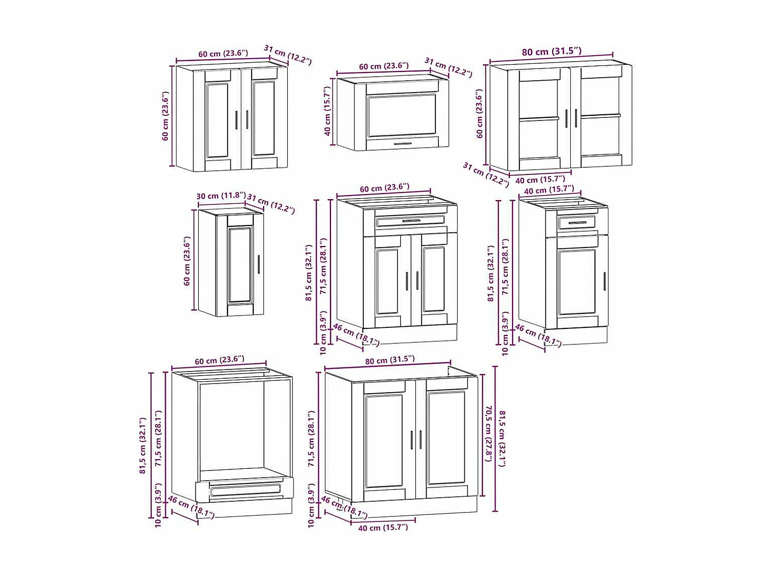 Ensemble de 8 meubles de cuisine "Porto" en chêne Sonoma
