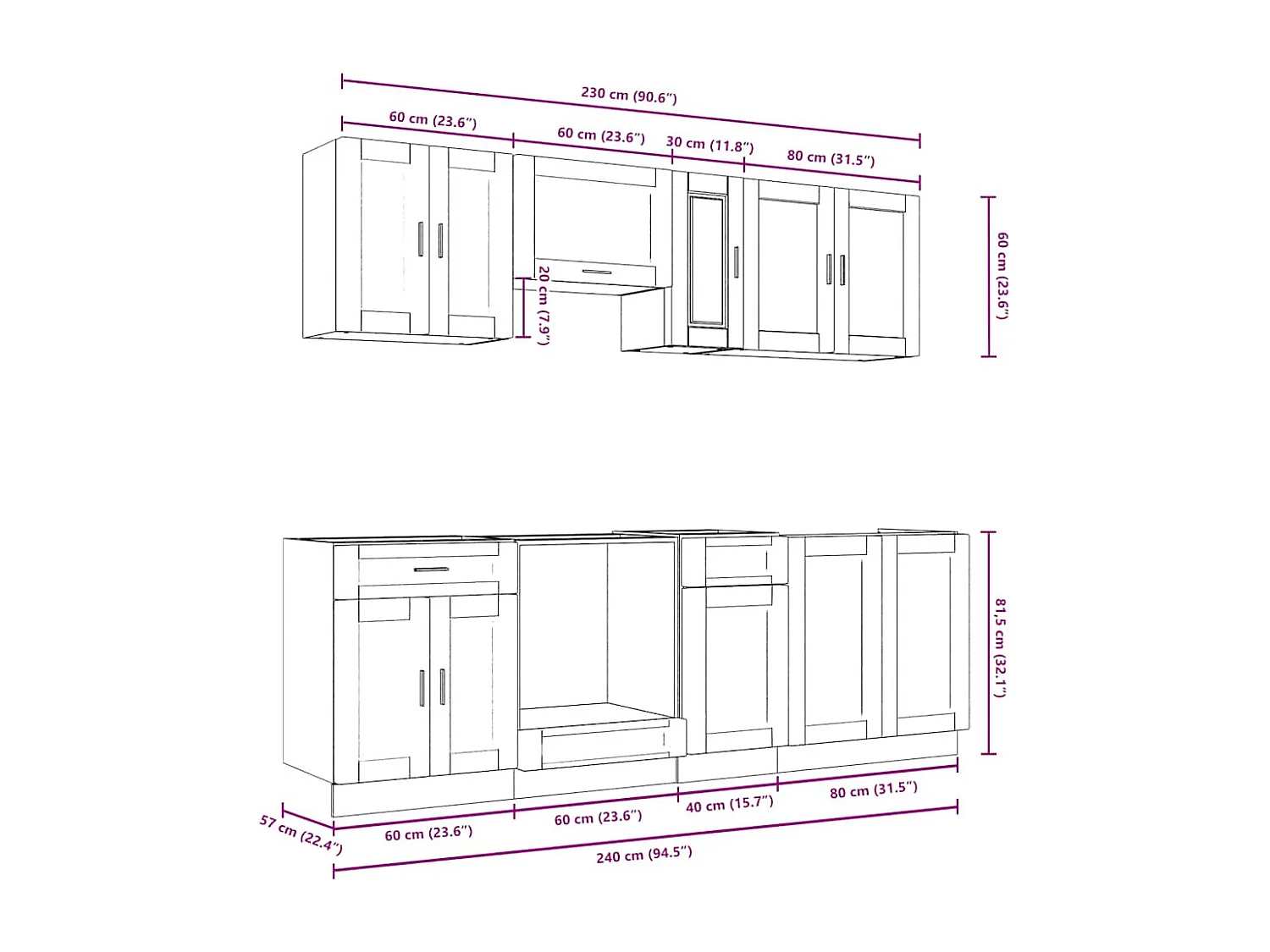 Ensemble de 8 meubles de cuisine "Porto" en chêne Sonoma