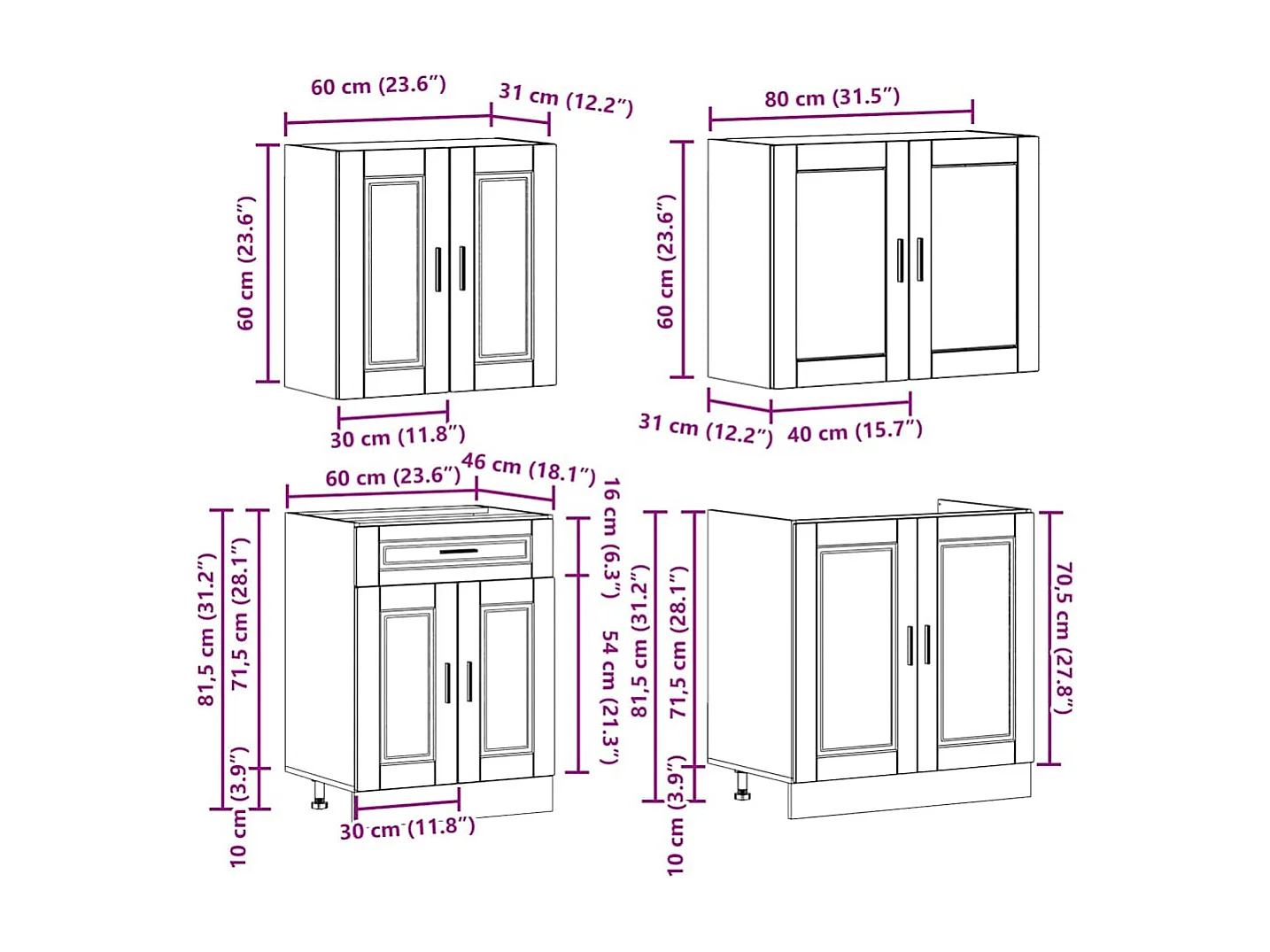 Ensemble de 4 meubles de cuisine "Porto" en bois d'ingénierie noir