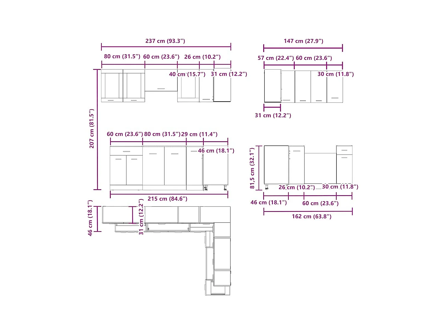 Ensemble de 11 meubles de cuisine "Lyon" en chêne artisanal