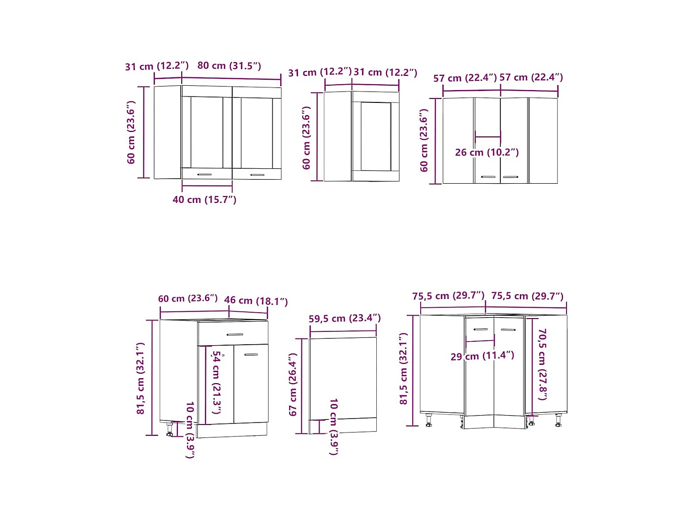 Ensemble de 11 meubles de cuisine "Lyon" en chêne artisanal