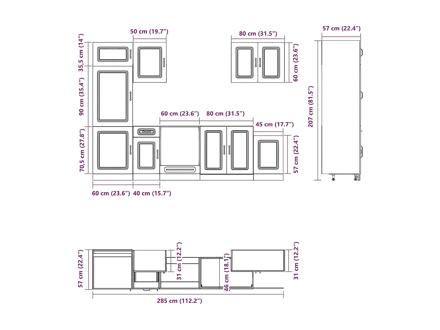 7-delige Keukenkastenset Kalmar bewerkt hout bruin eikenkleur