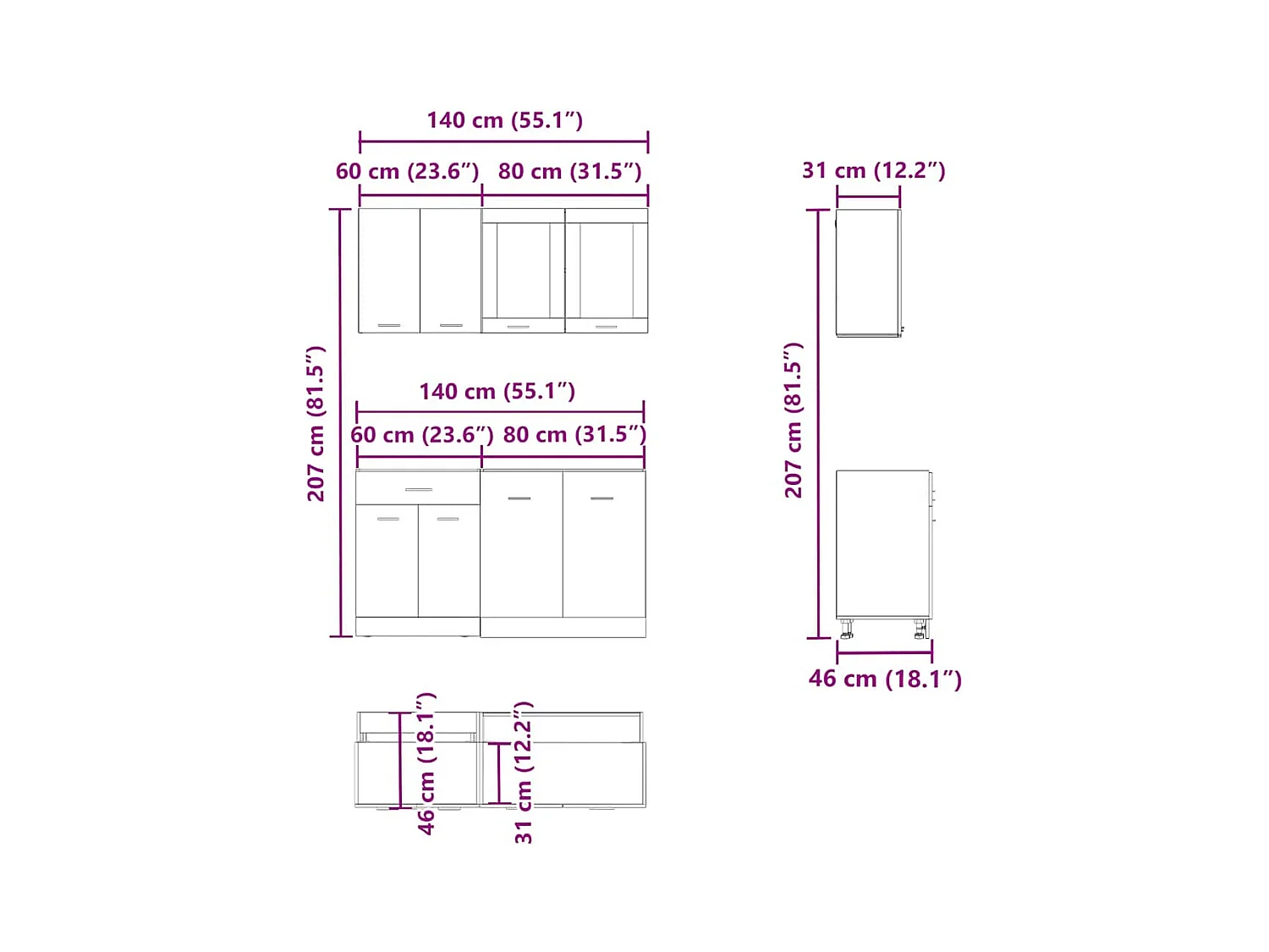 4-delige Keukenkastenset Lyon bewerkt hout artisanaal eikenkleurig