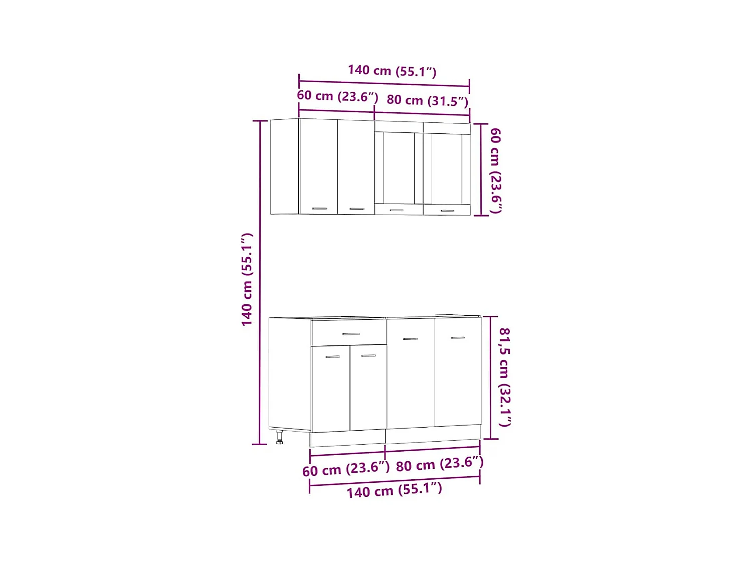 4-delige Keukenkastenset Lyon bewerkt hout artisanaal eikenkleurig