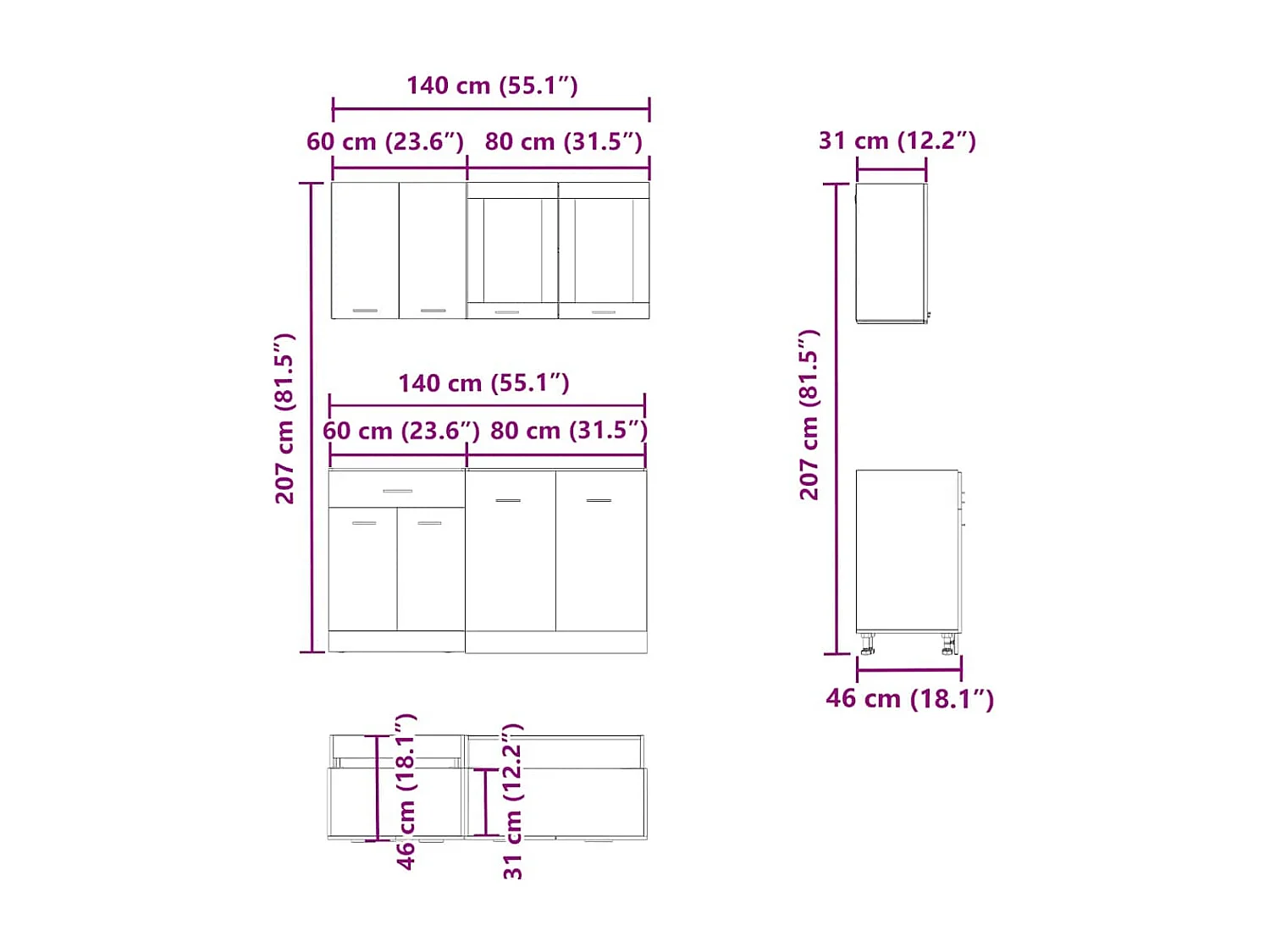 Ensemble de 4 meubles de cuisine "Lyon" en chêne artisanal