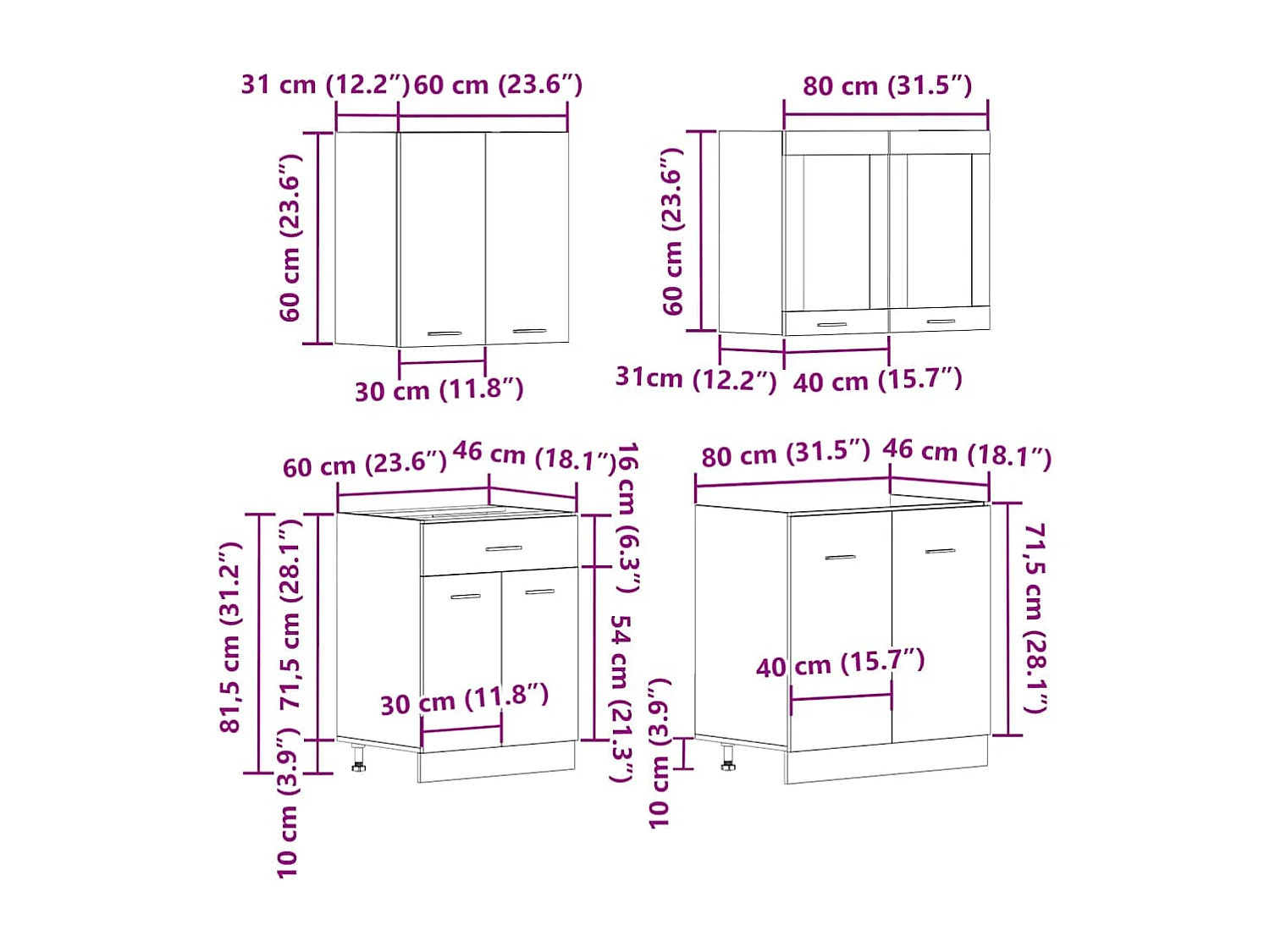 Ensemble de 4 meubles de cuisine "Lyon" en chêne artisanal