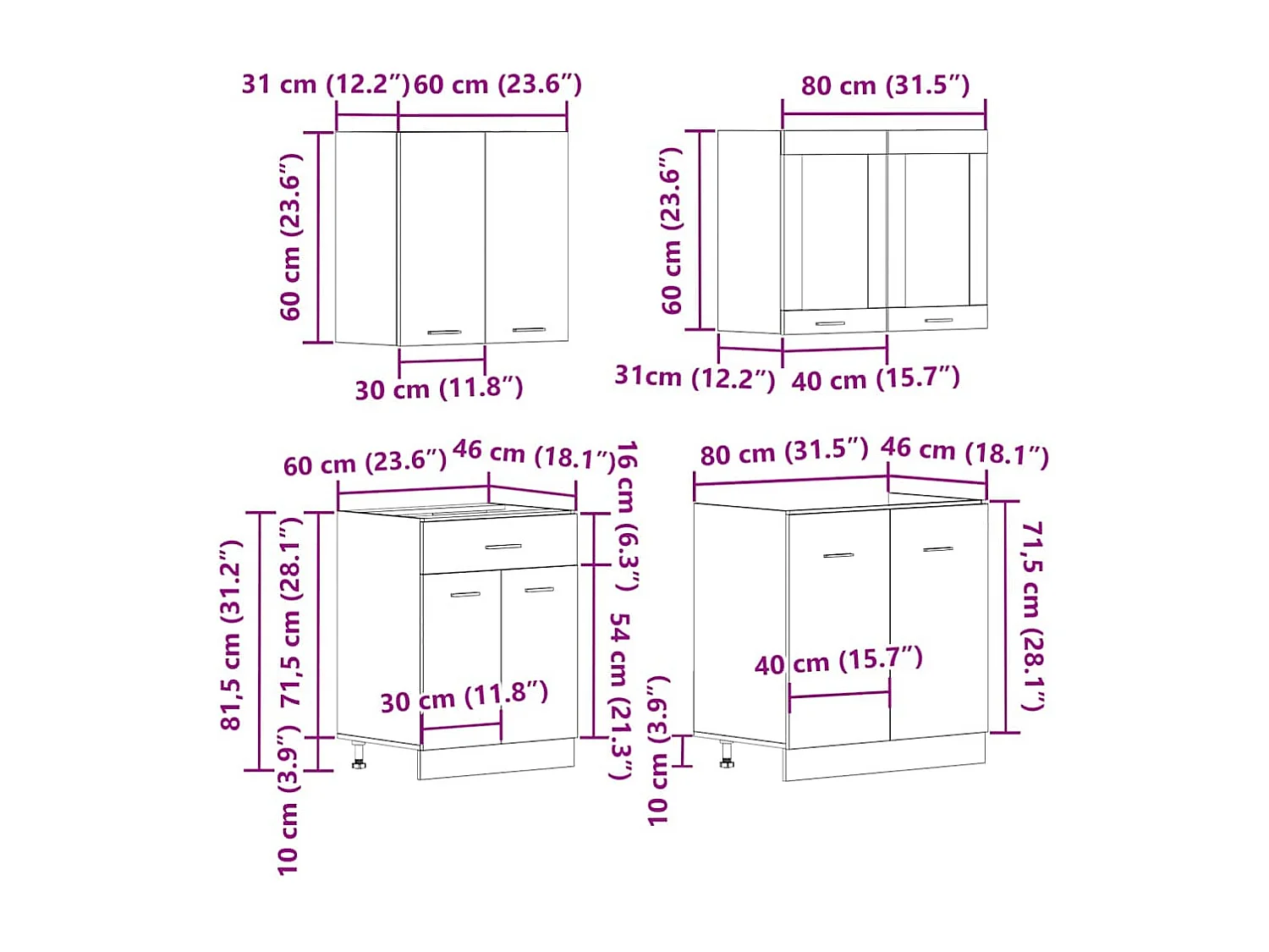 Ensemble de 4 meubles de cuisine "Lyon" en chêne artisanal