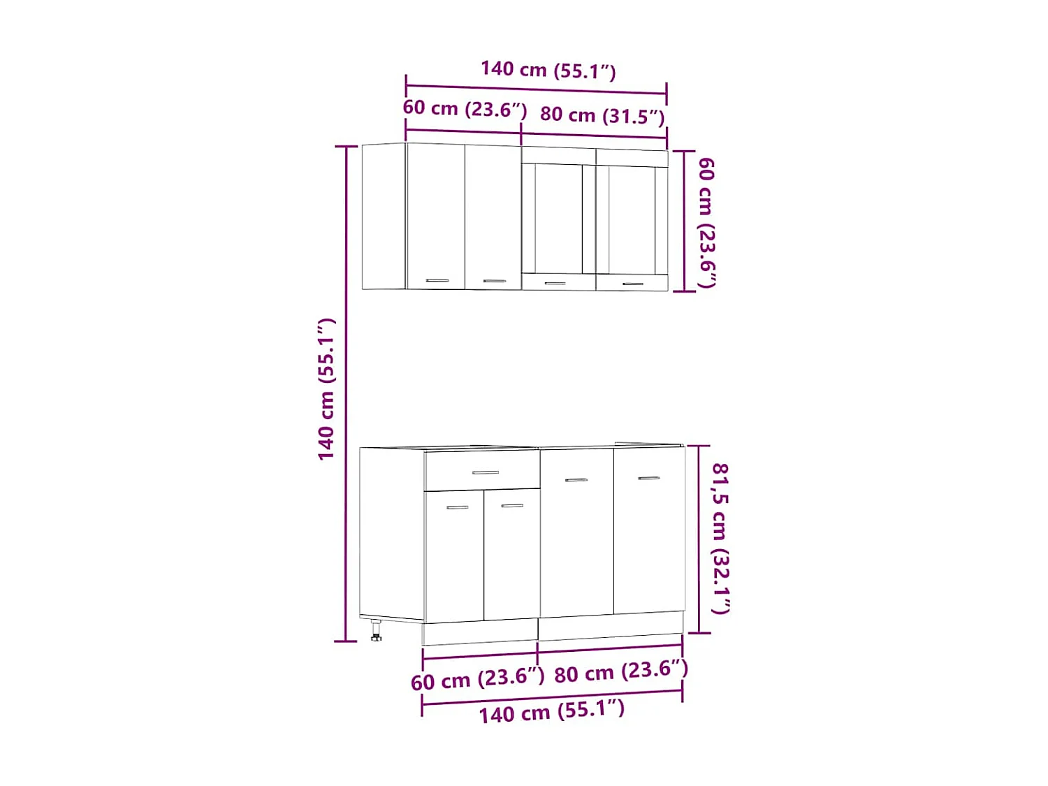 Ensemble de 4 meubles de cuisine "Lyon" en chêne artisanal