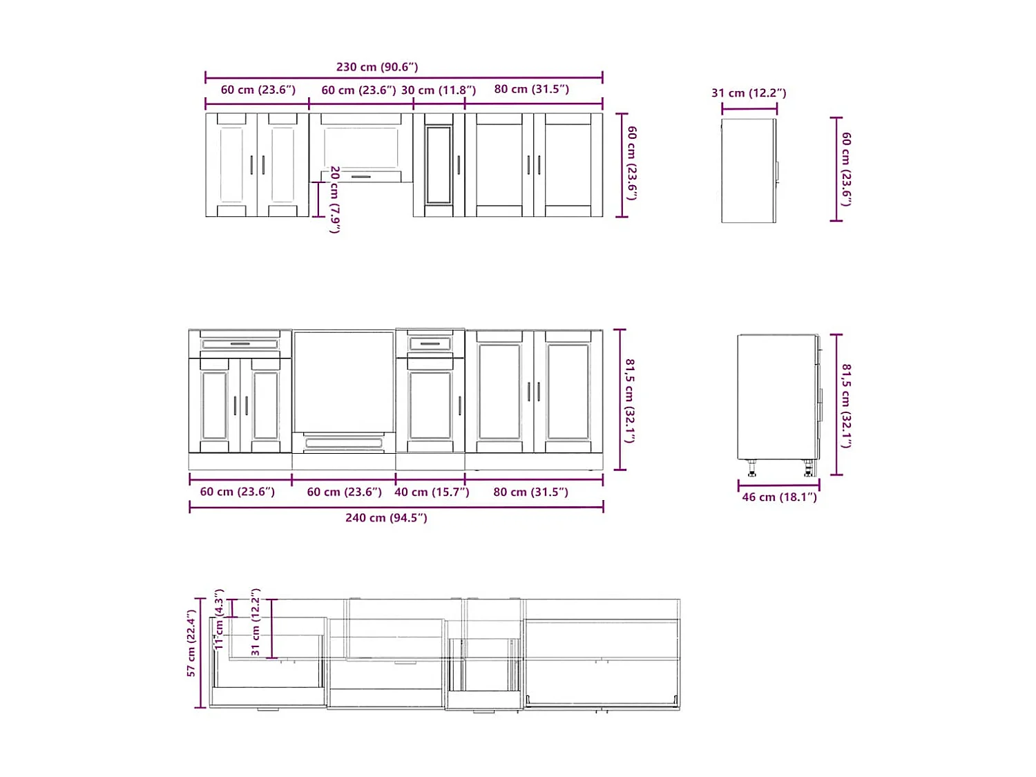 Ensemble de 8 meubles de cuisine "Porto" en bois d'ingénierie gris béton