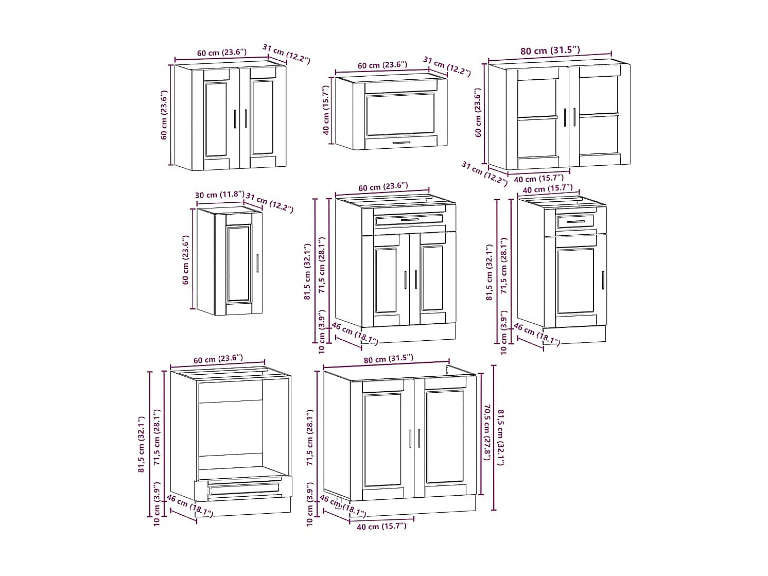 Ensemble de 8 meubles de cuisine "Porto" en bois d'ingénierie gris béton