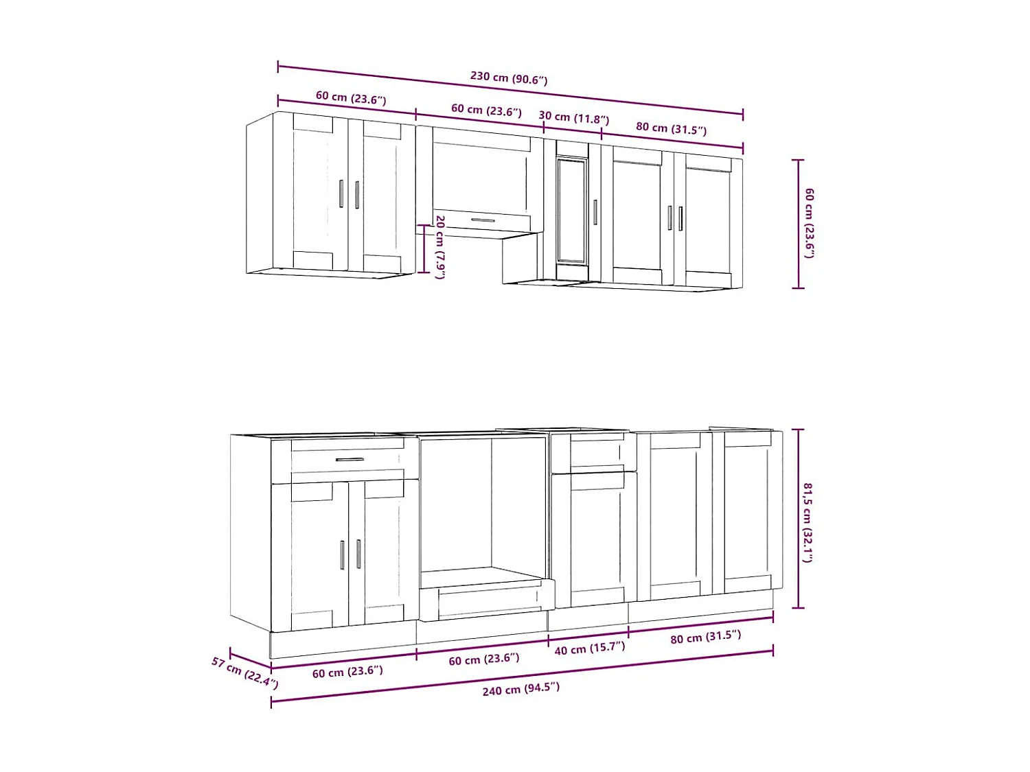 Ensemble de 8 meubles de cuisine "Porto" en bois d'ingénierie gris béton