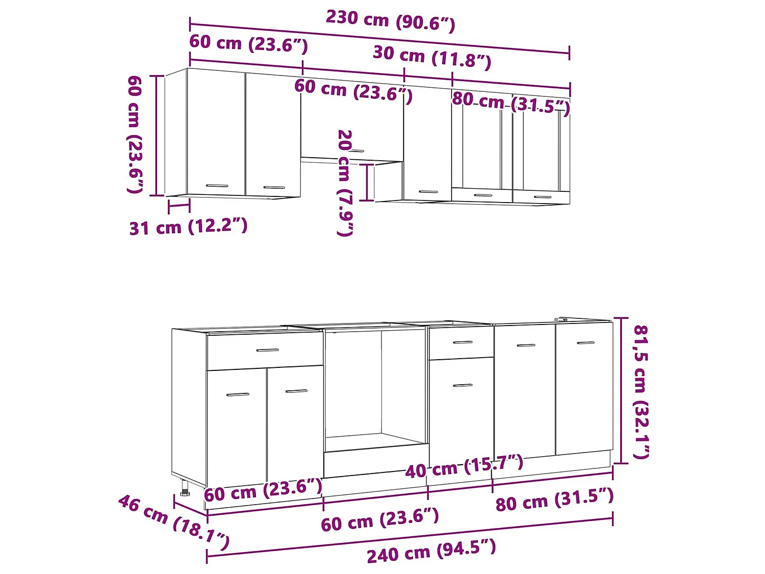 Keukenkastenset met lade Lyon 8 pcs Gerookt eiken Bewerkt hout