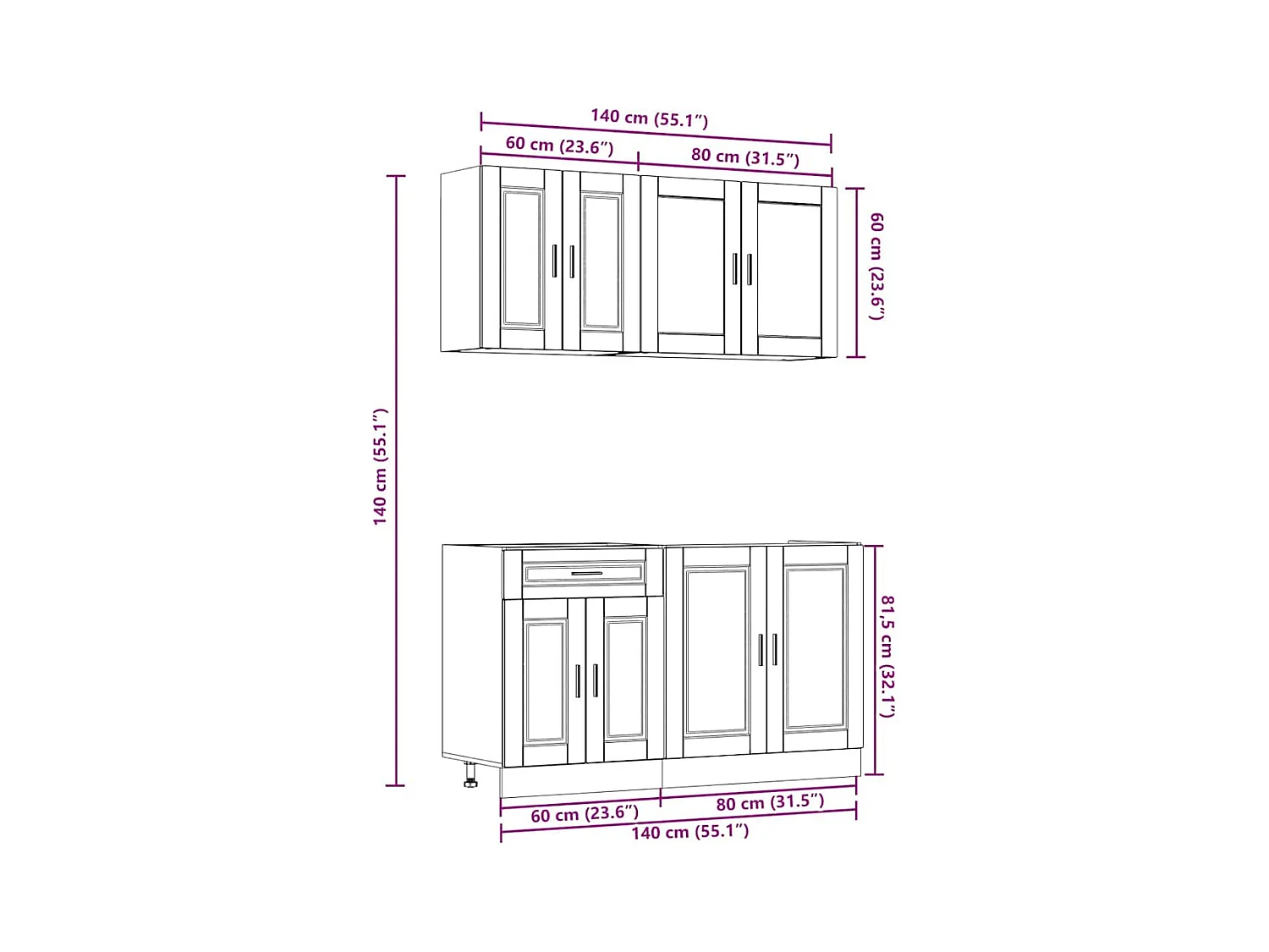 4-delige Keukenkastenset Porto bewerkt hout betongrijs
