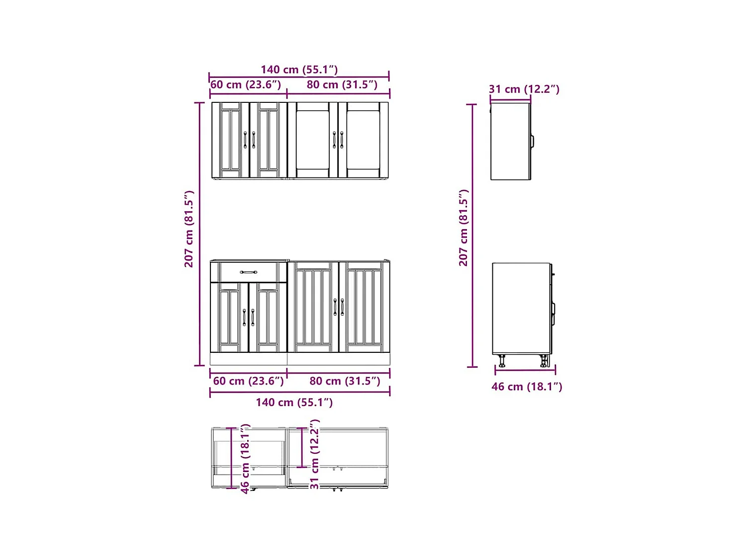Ensemble de 4 meubles de cuisine "Lucca" en bois d'ingénierie gris béton