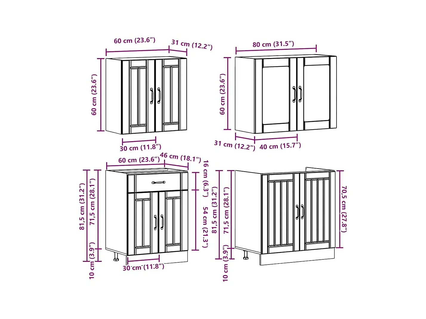 Ensemble de 4 meubles de cuisine "Lucca" en bois d'ingénierie gris béton
