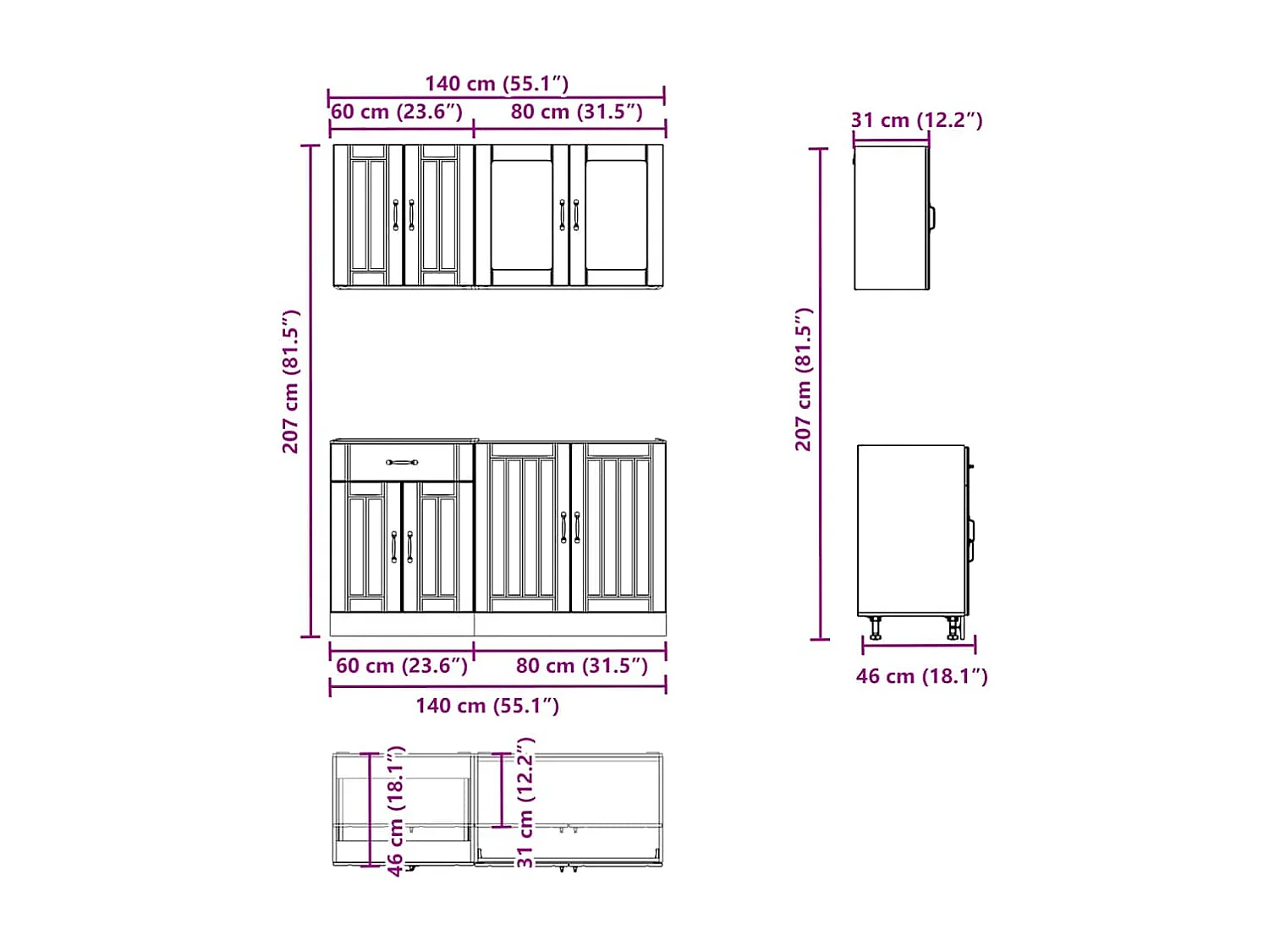 Ensemble de 4 meubles de cuisine "Lucca" en bois d'ingénierie gris béton