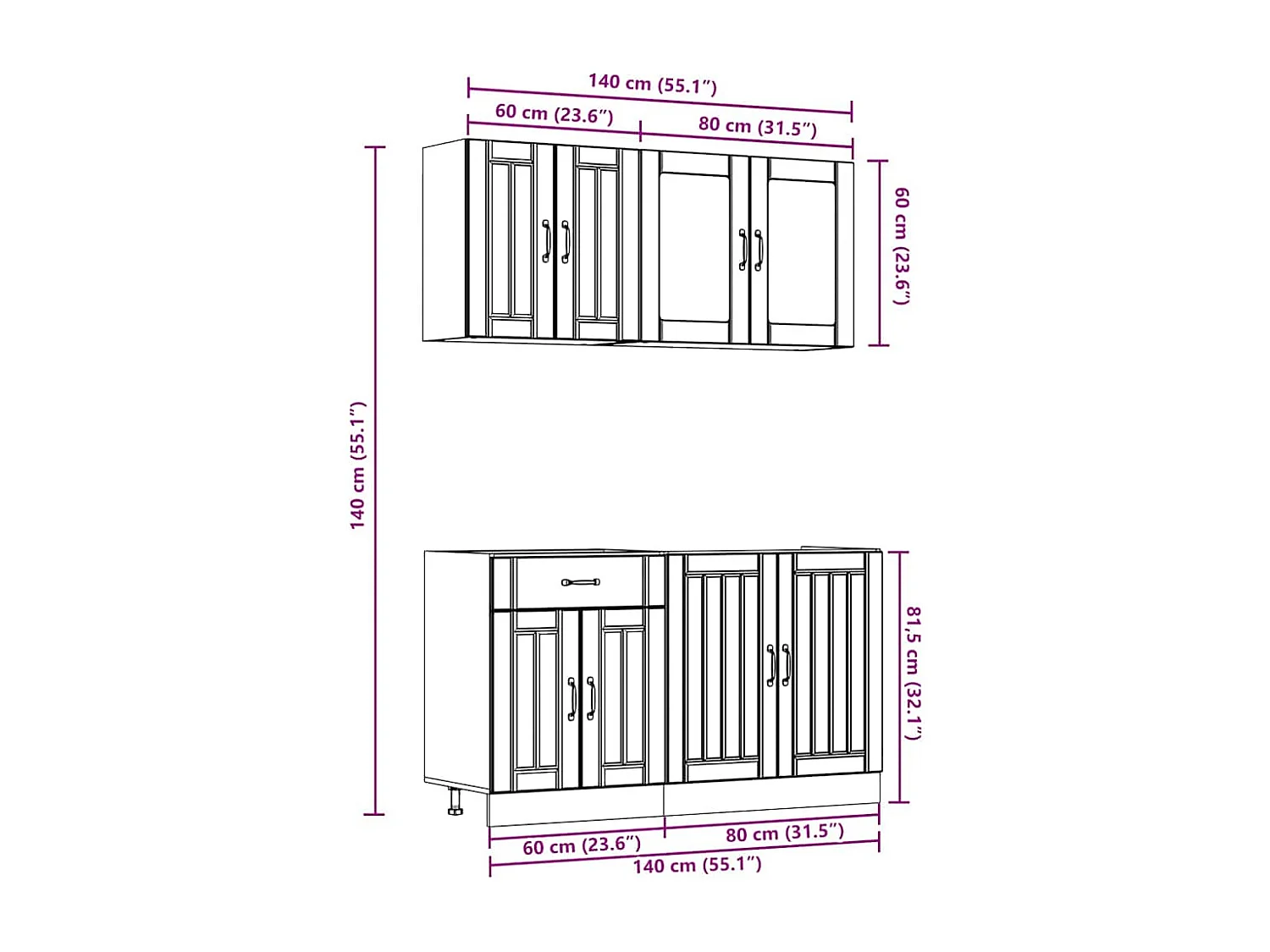 4-delige Keukenkastenset Lucca bewerkt hout gerookt eiken
