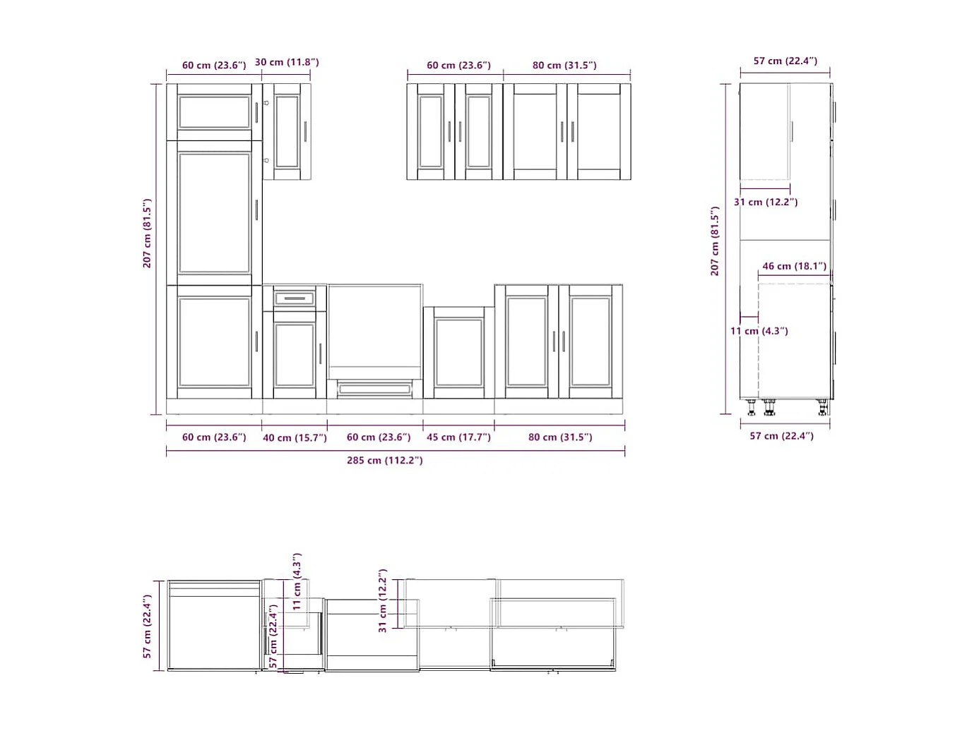 Ensemble de 8 meubles de cuisine "Porto" en bois d'ingénierie noir