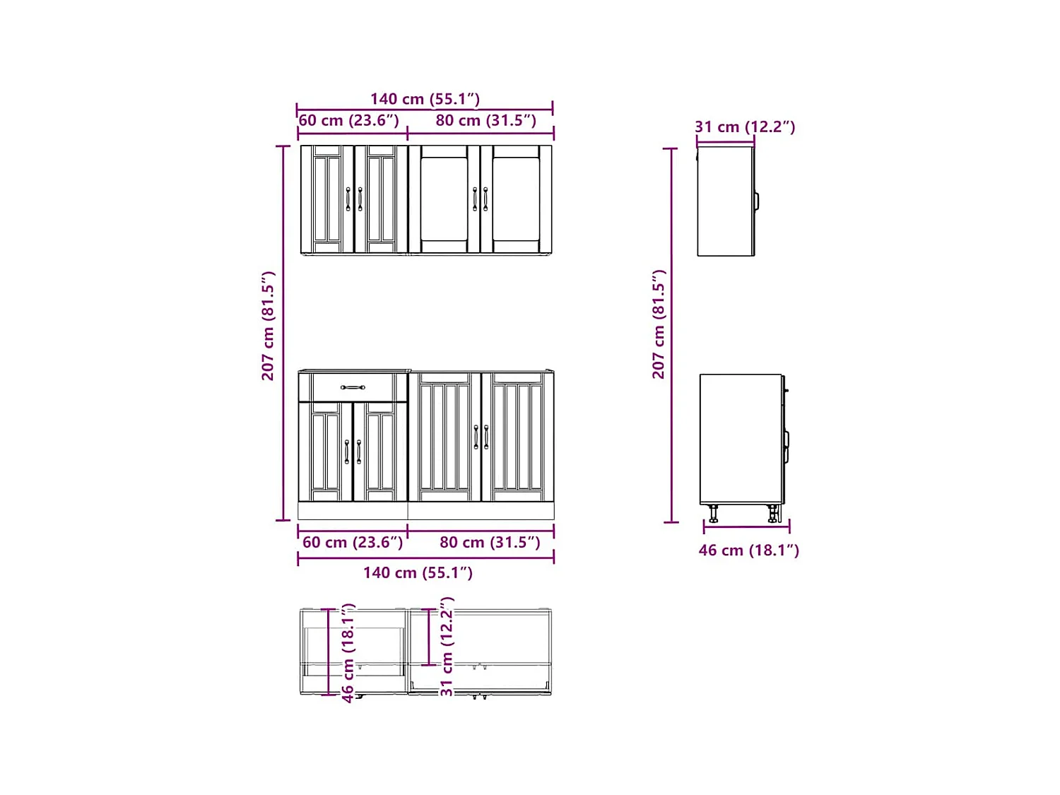 4 peças armário de cozinha conjunto Kalmar branco brilhante