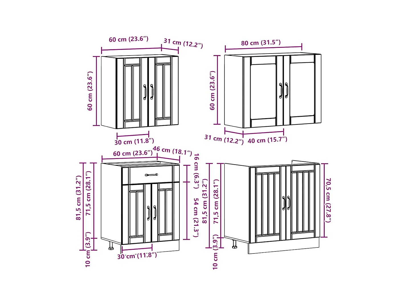 4 peças armário de cozinha conjunto Kalmar branco brilhante